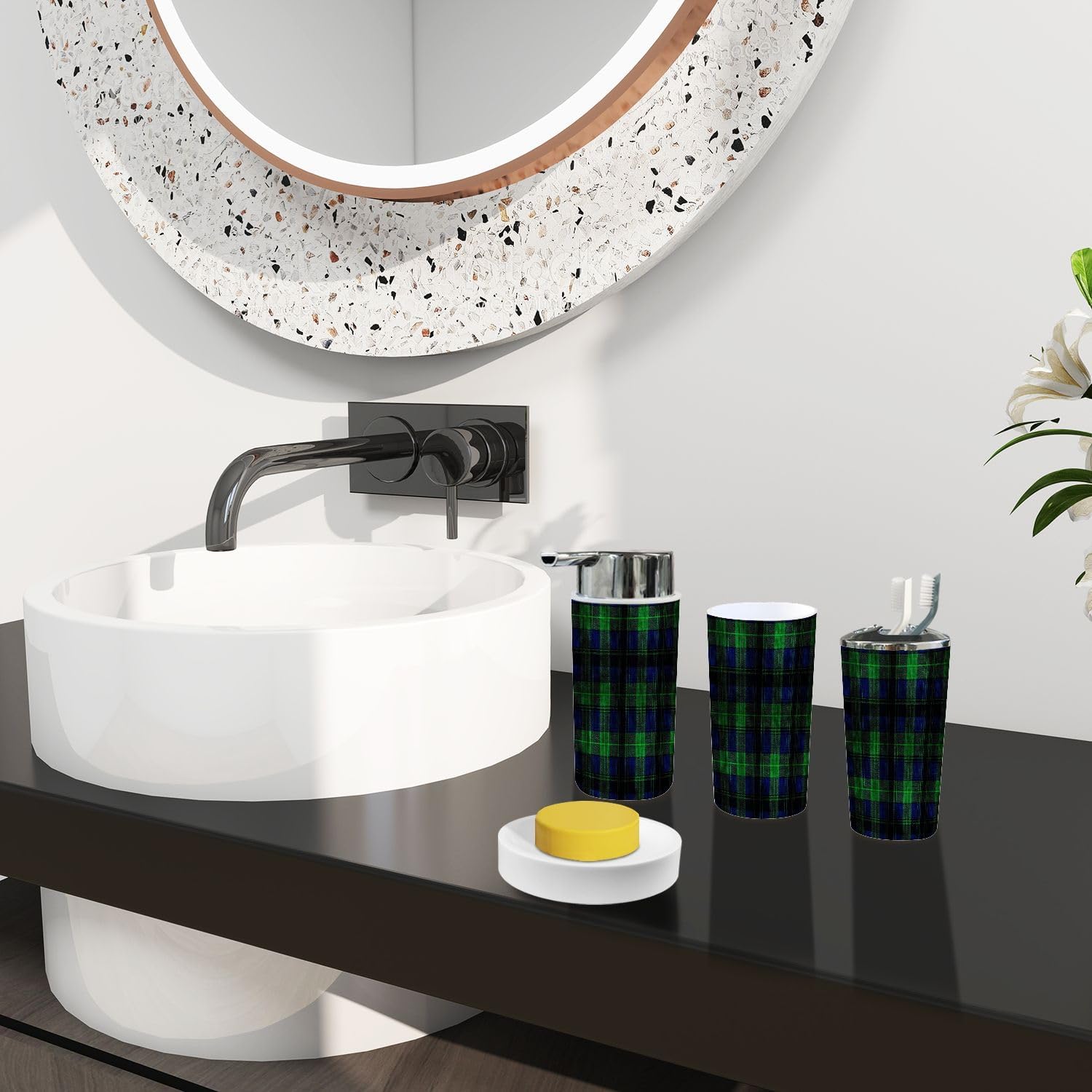 Boho Tartan Trash Can and Bathroom Accessories Set