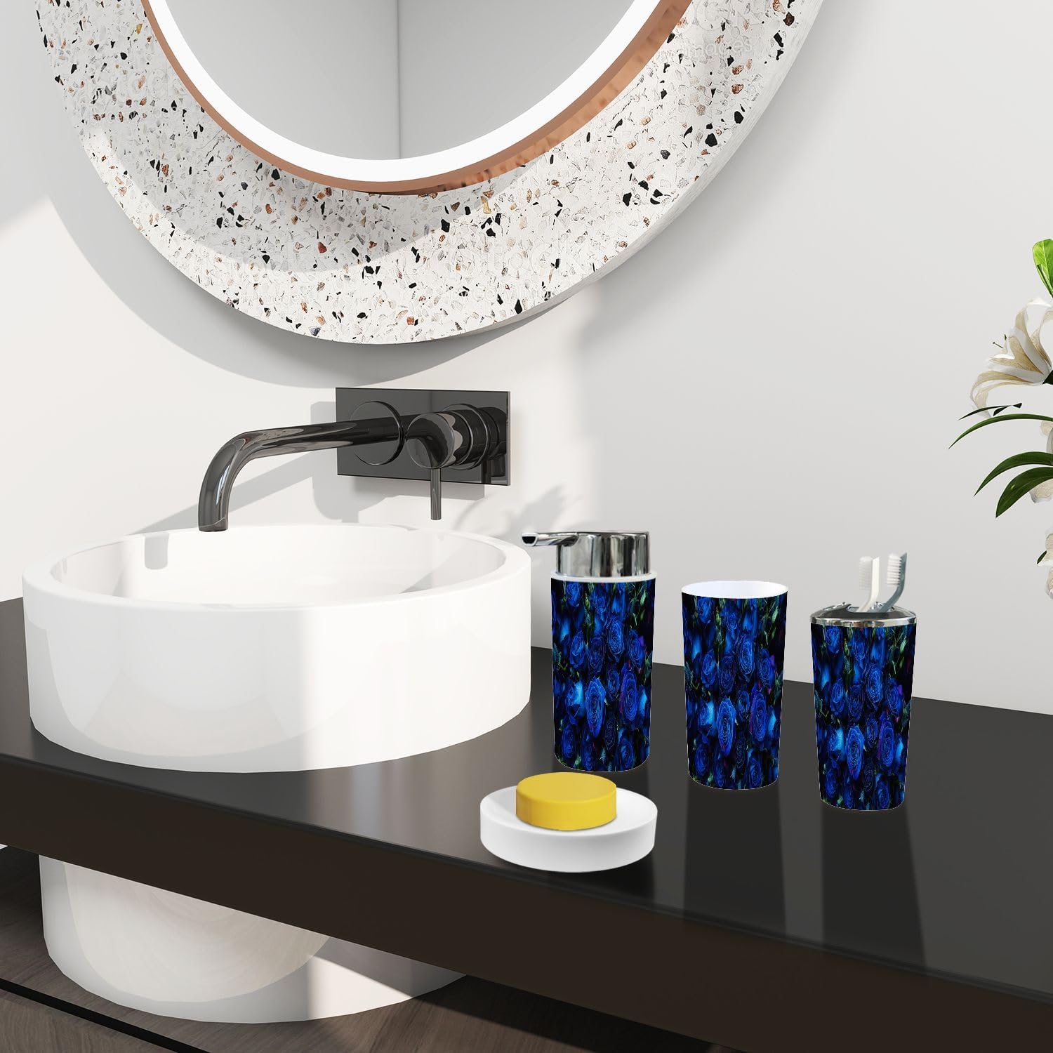 Boho Blue Roses Bathroom Accessory Set 6 Piece