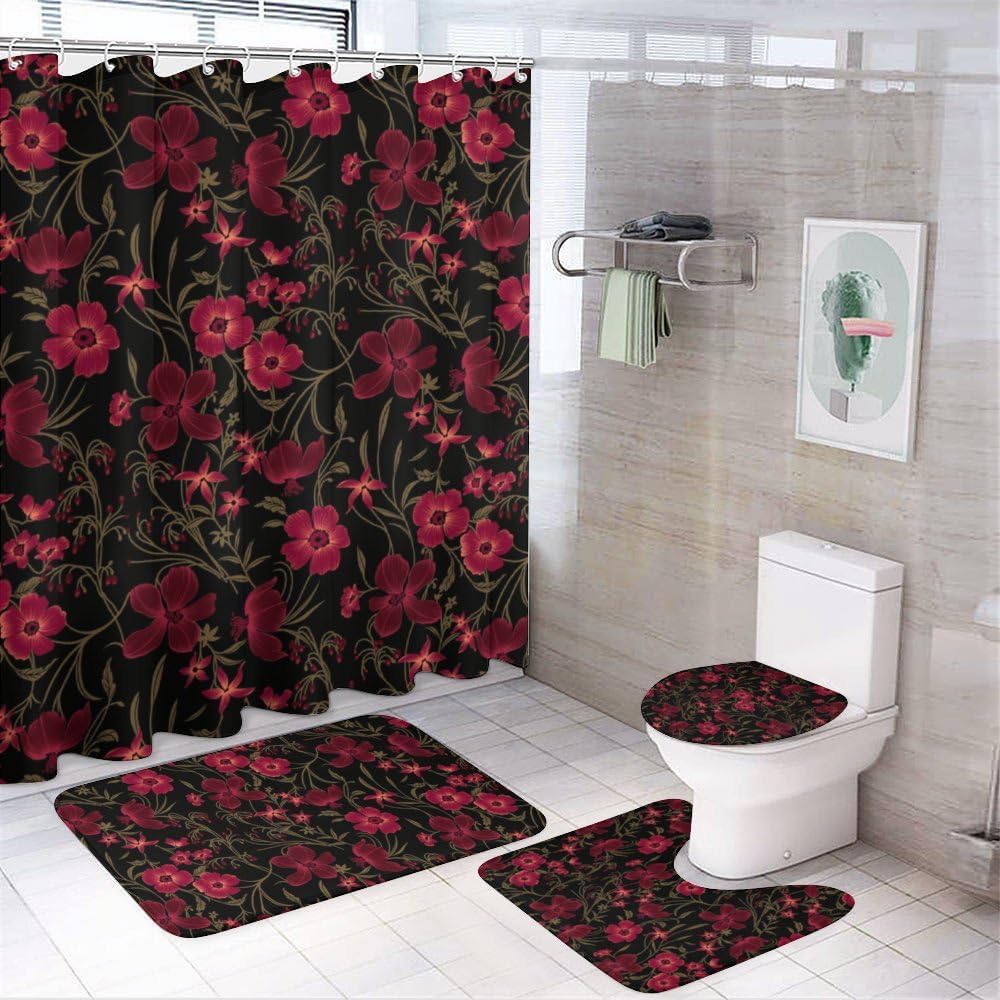 Kuizee 4 Piece Shower Curtain Set with Rugs and Hooks