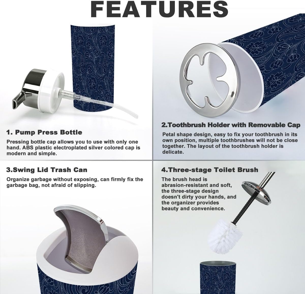 6 Piece Navy Paisley Bathroom Accessory Set