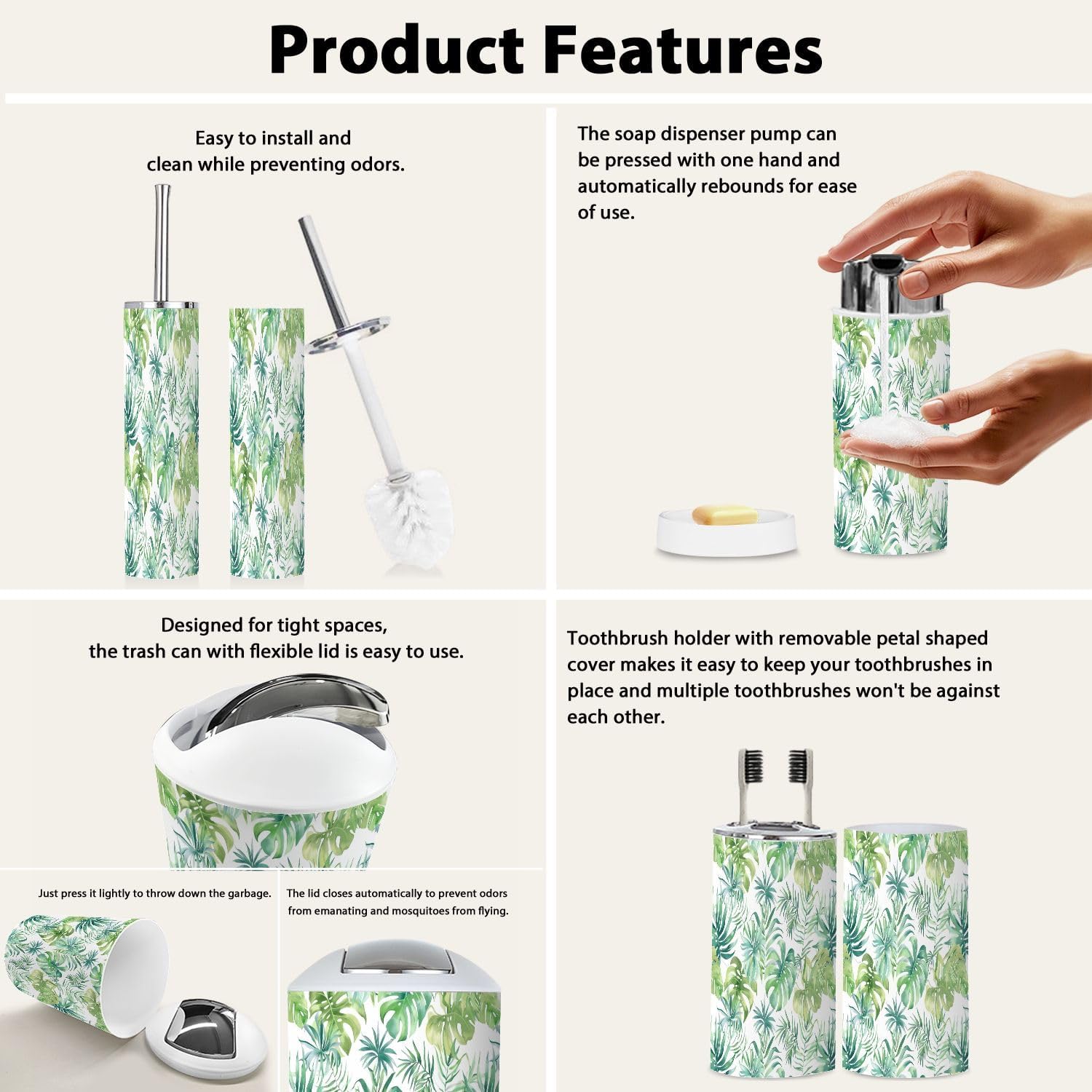 Boho Tropical Leaves Bathroom Accessory Set 6 Piece 1
