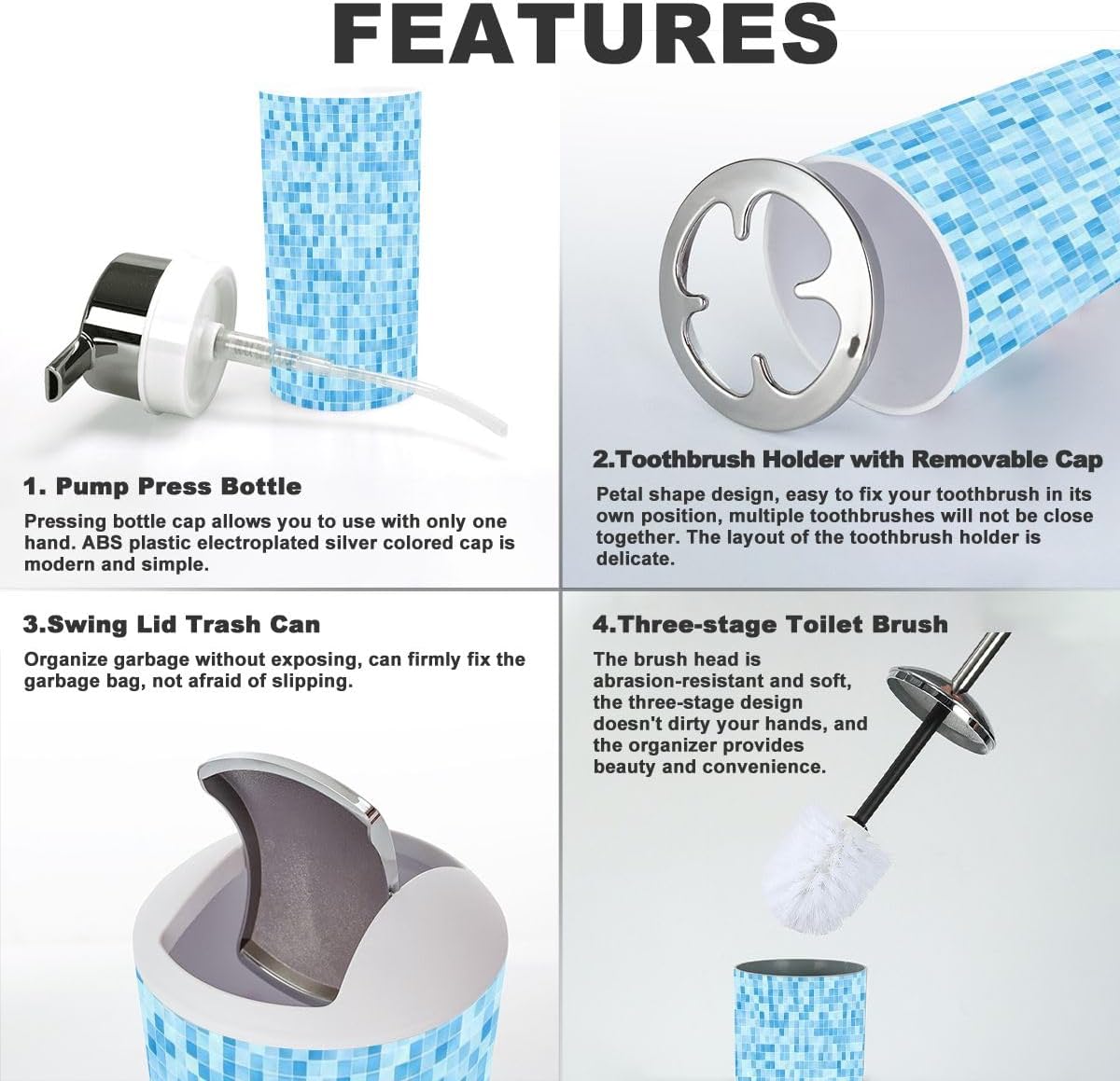 6 Piece Bathroom Accessory Set Blue Mosaic Tile