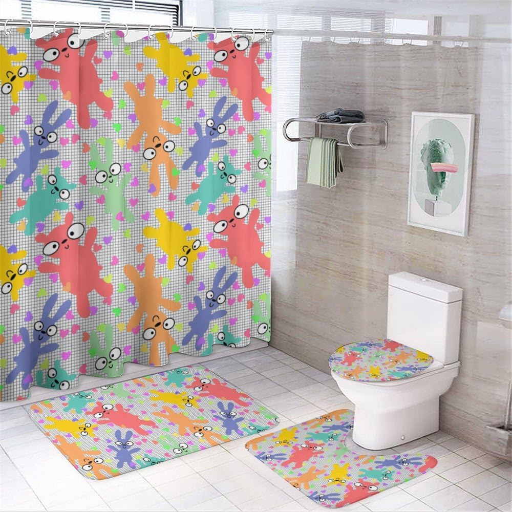 Kuizee Cartoon Animals Shower Curtain Set with 4 Piece Rugs