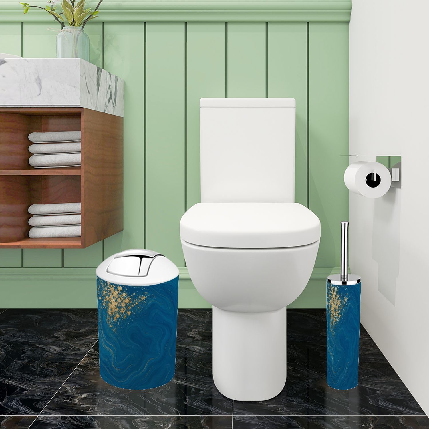 Boho Blue Gold Marble Bathroom Accessory Set 6 Piece