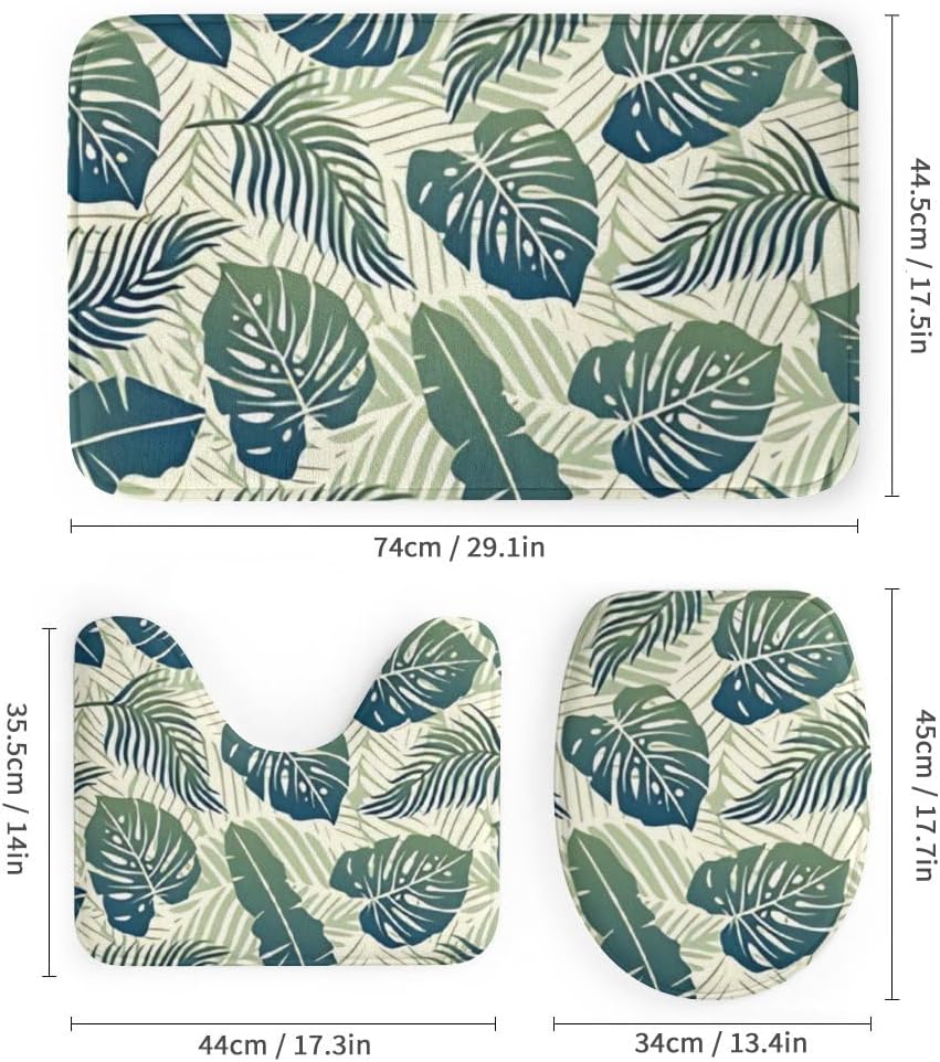Kuizee 4-Piece Tropical Green Leaf Shower Curtain Set with Non-Slip Rugs