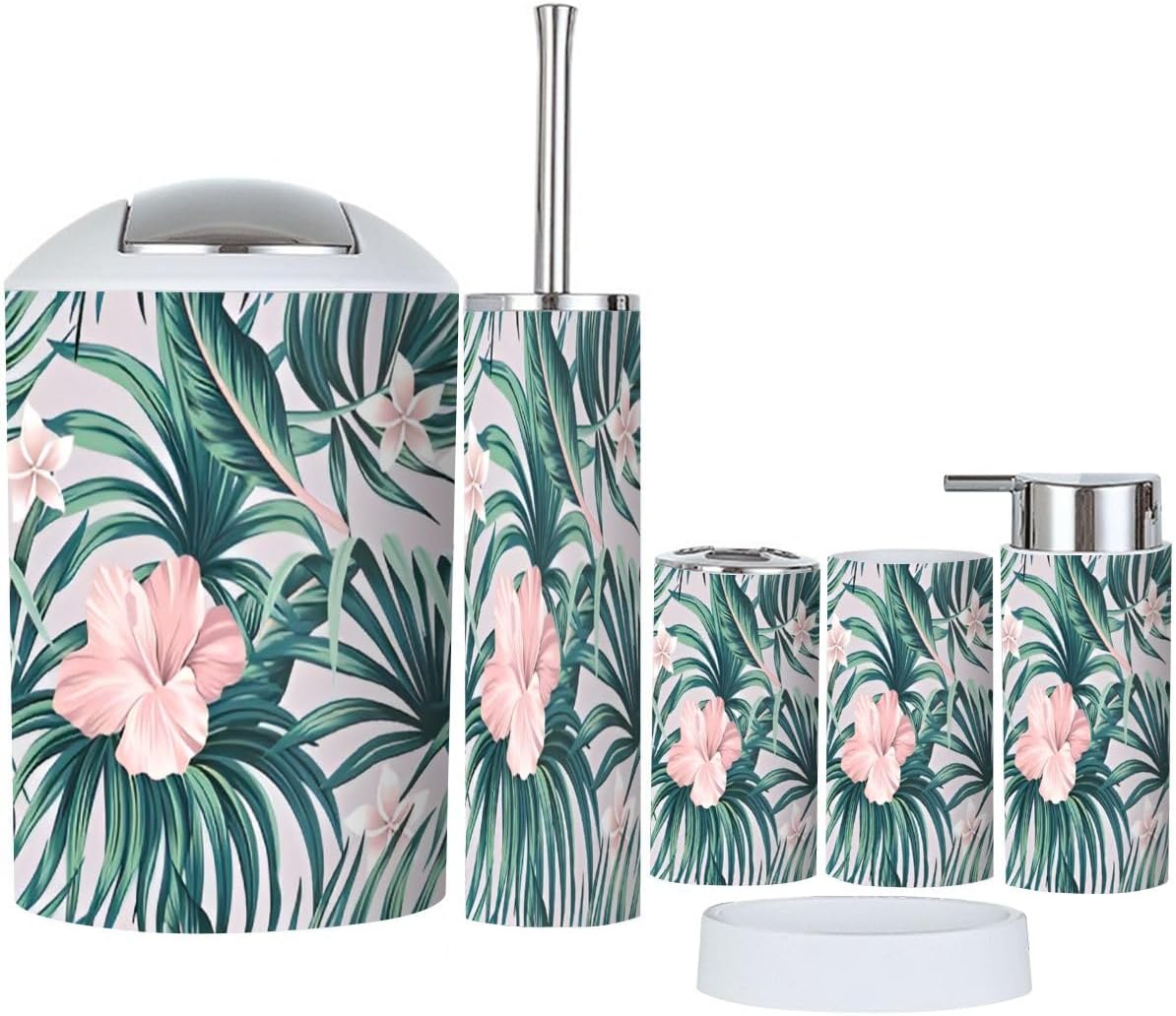 Tropical Pink Hibiscus Bathroom Accessories 6 Piece Set