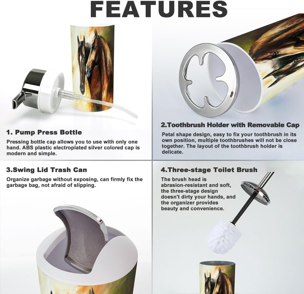 6 Piece Bathroom Accessory Set with Horses Design