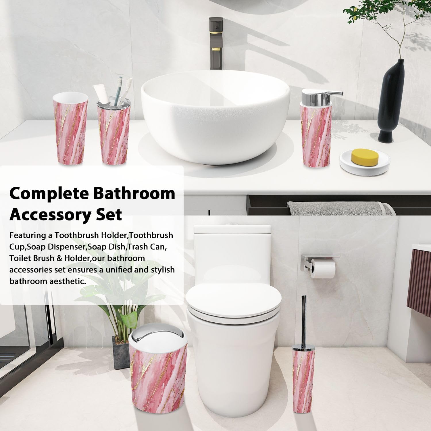 Boho Rose Gold Bathroom Accessory Set of 6