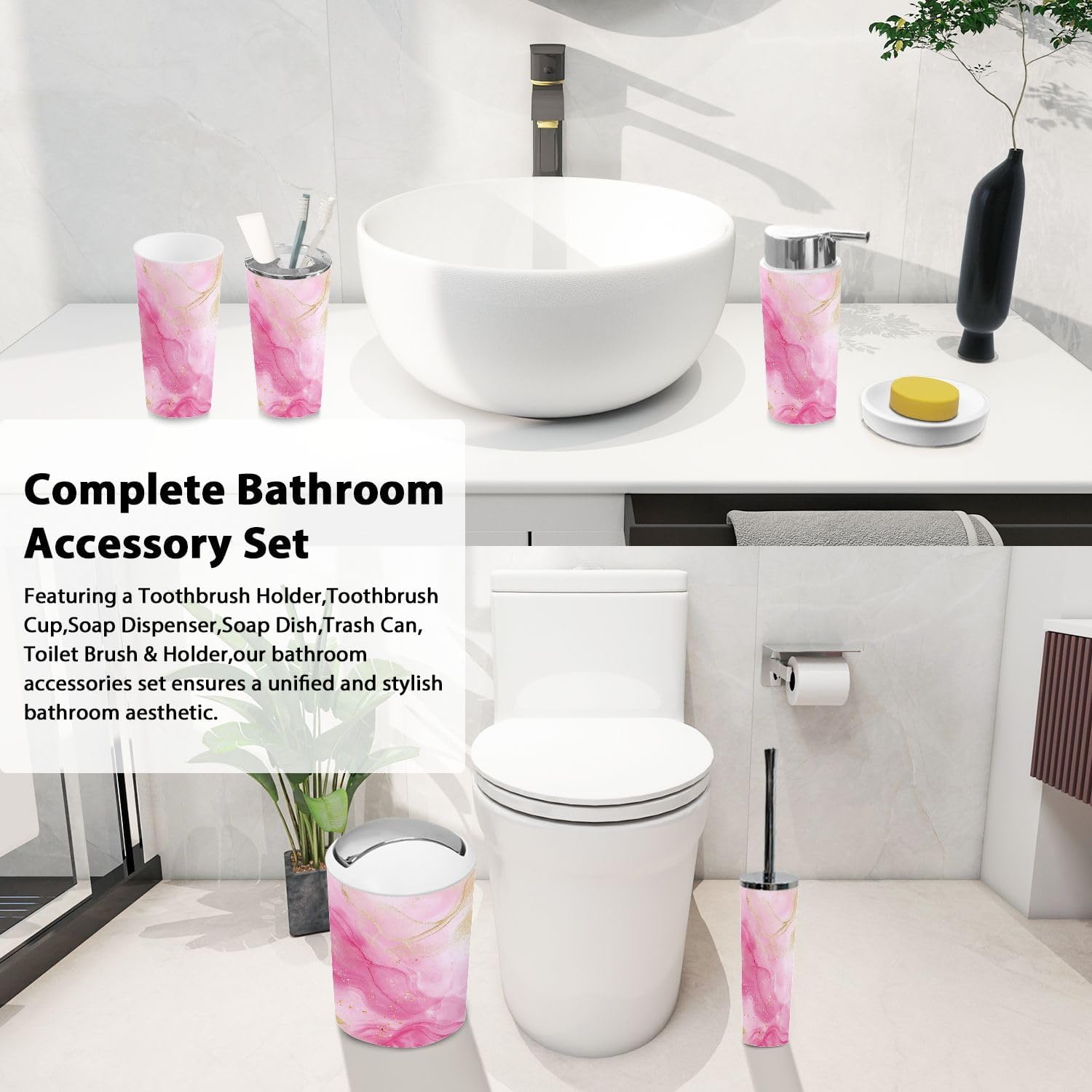 Boho Rose Pink Bathroom Accessories Set 6 Piece