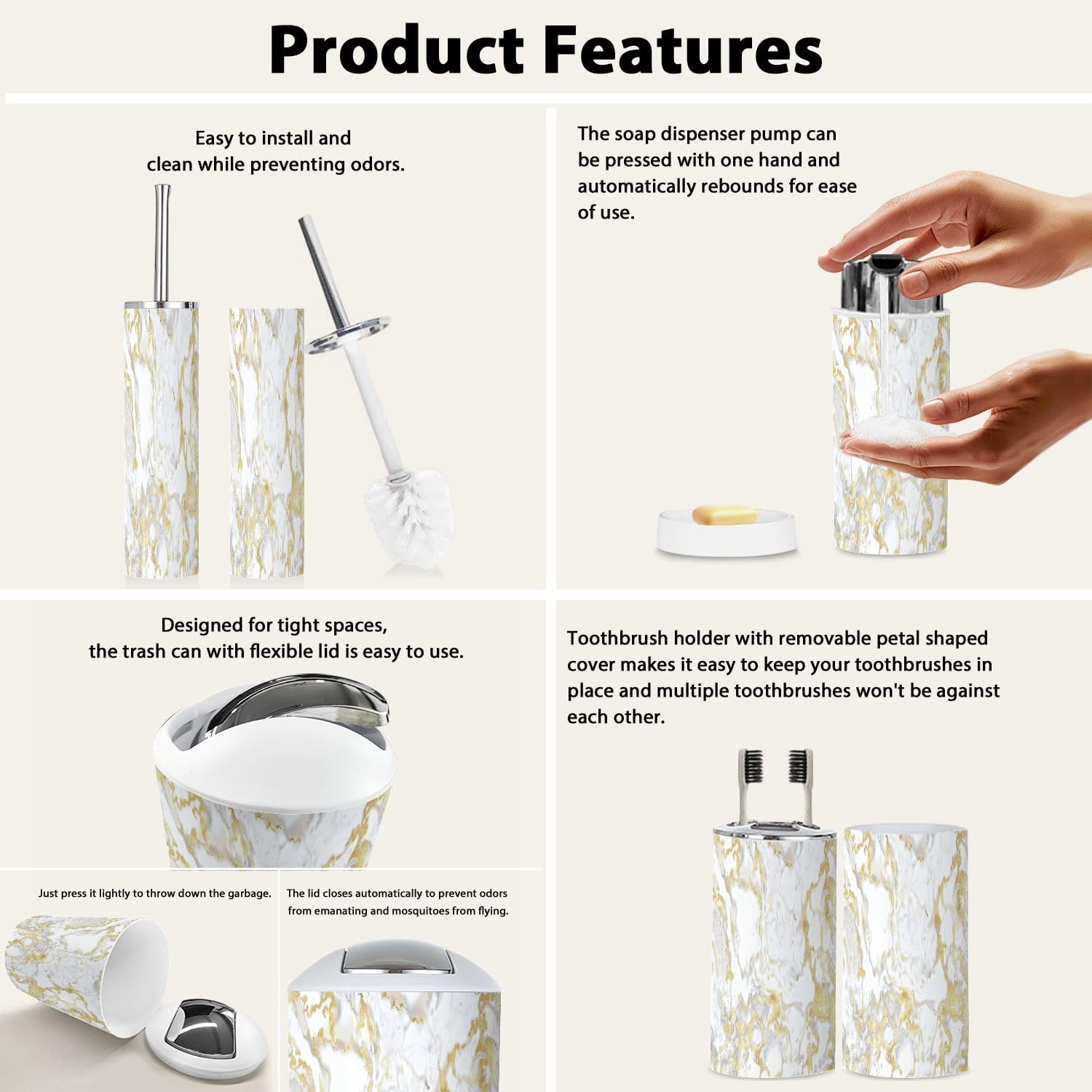 Boho Marble Gold Texture Bathroom Accessory Set of 6 1