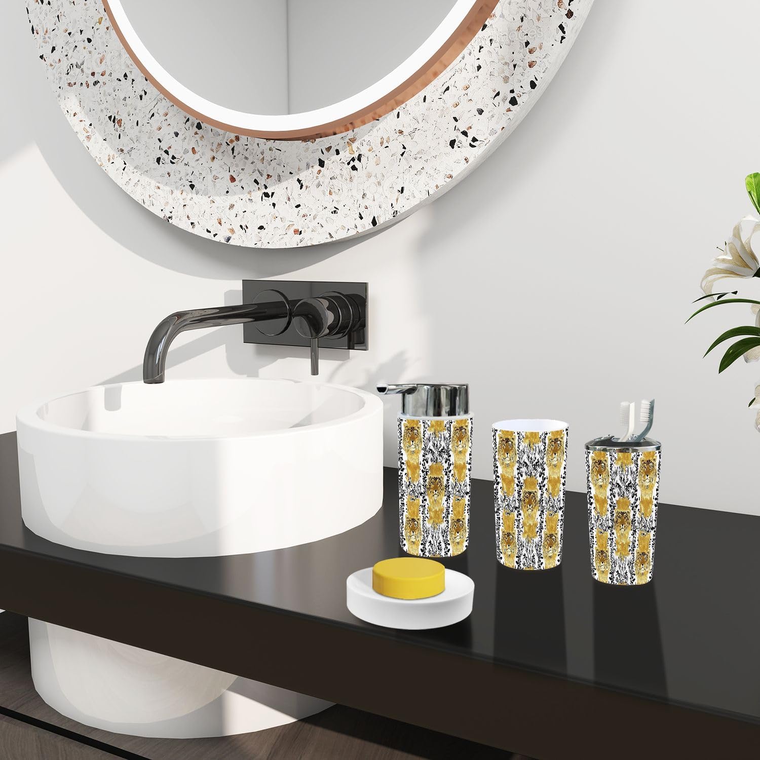 Boho Gold Damask Bathroom Accessory Set 6 Piece