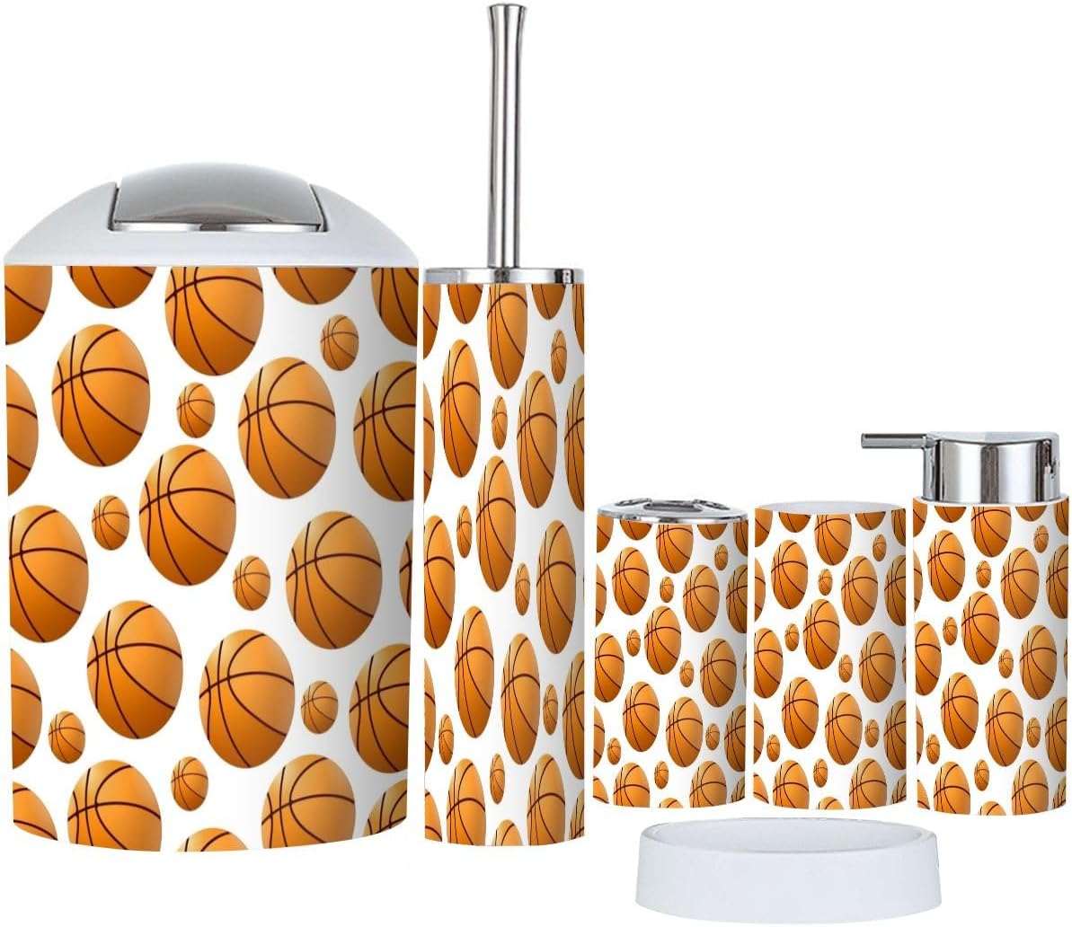 6 Piece Bathroom Accessory Set with Trash Can and Basketball Design
