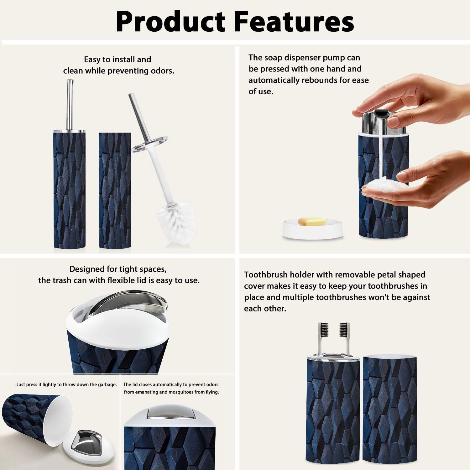 Boho 3D Wall Dark Blue Bathroom Accessory Set 6 Piece