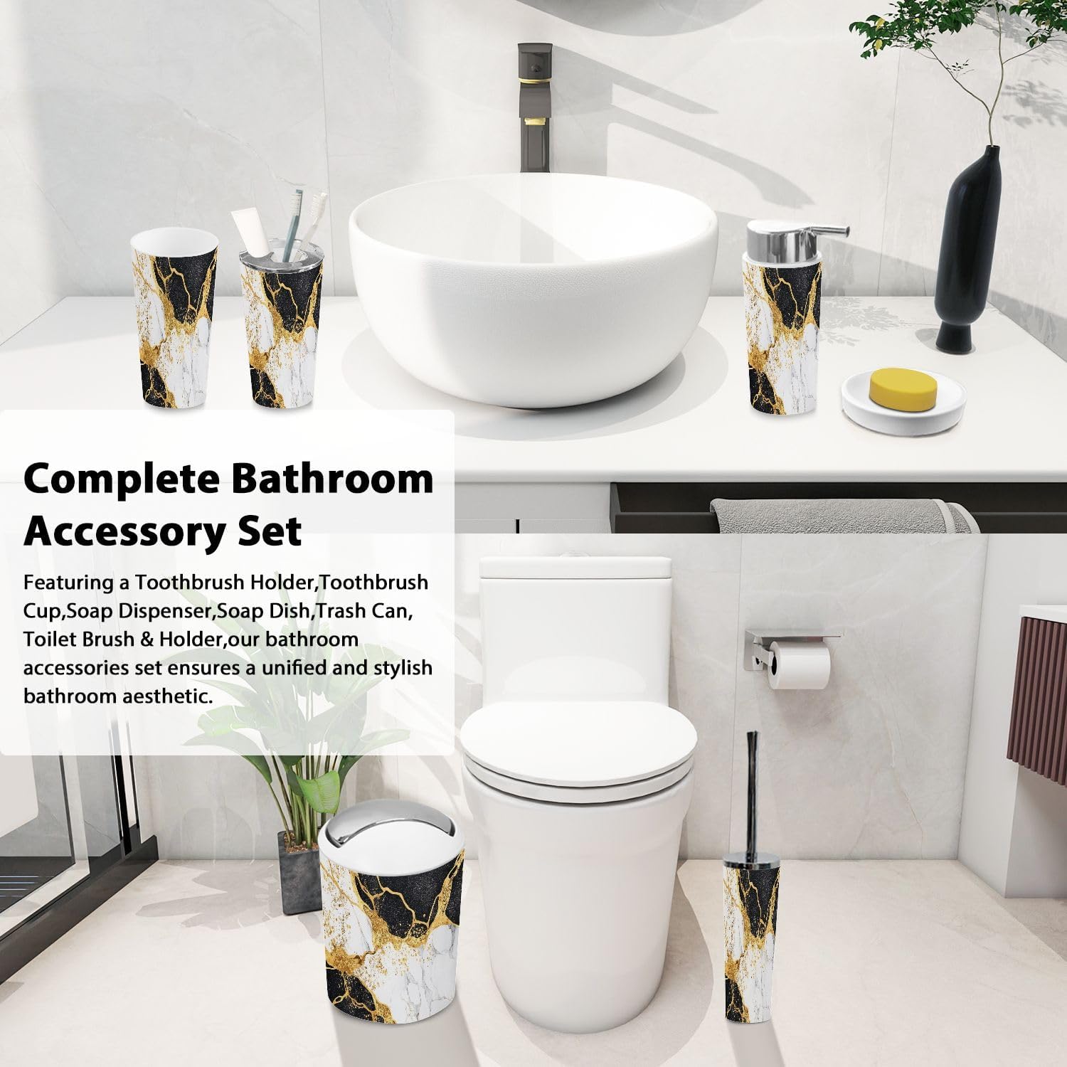 Boho Abstract Marble Bathroom Accessories Set 6 Piece