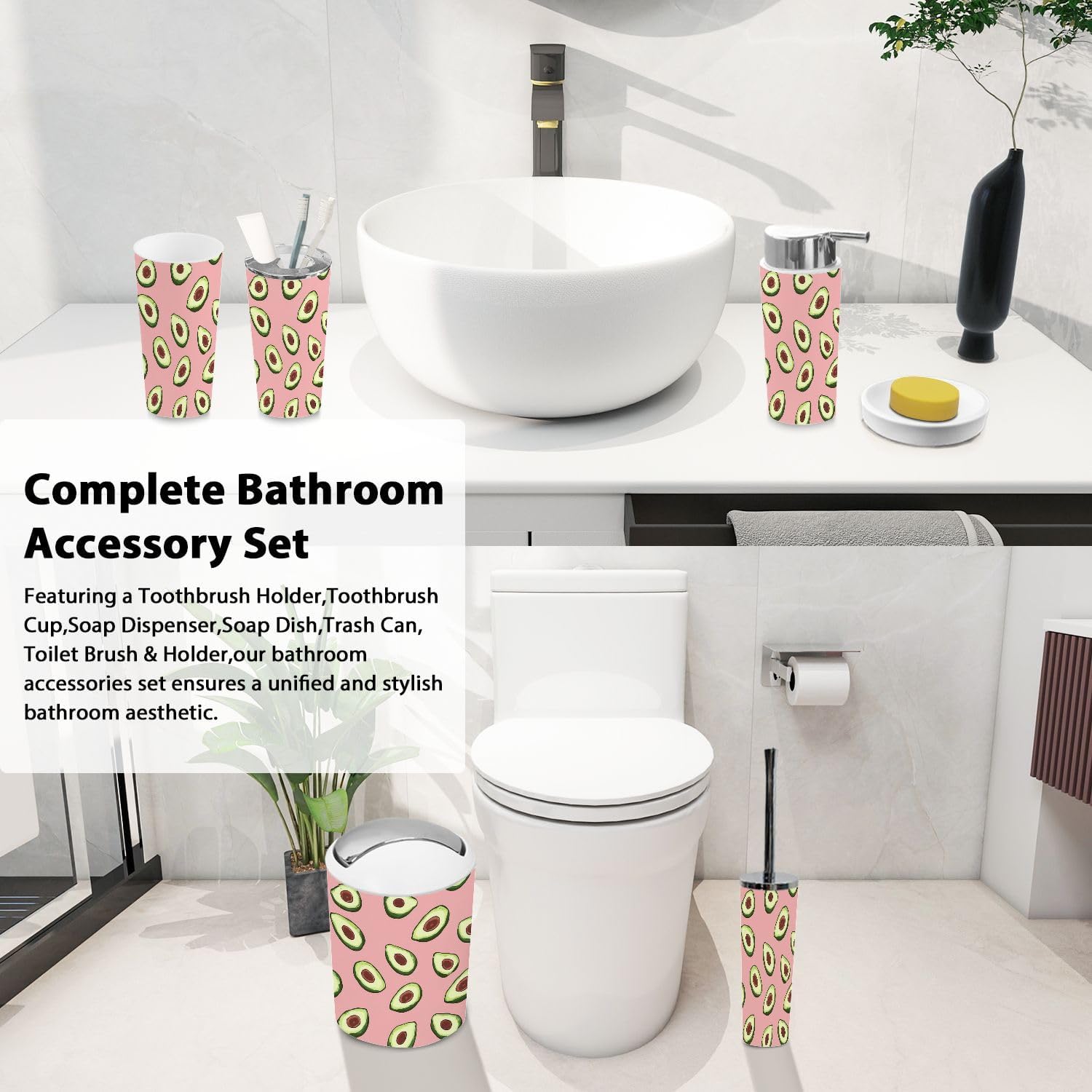 TRANQDEHOM 6-Piece Bathroom Accessory Set with Boho Avocado Pattern