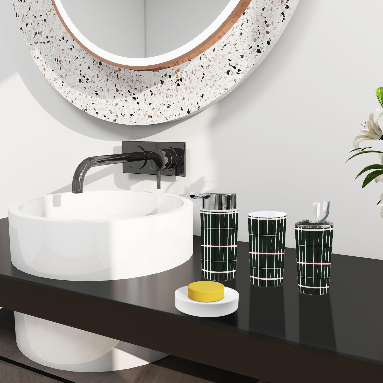 Boho Bathroom Accessory Set 6 Piece with Tartan Plaid Design