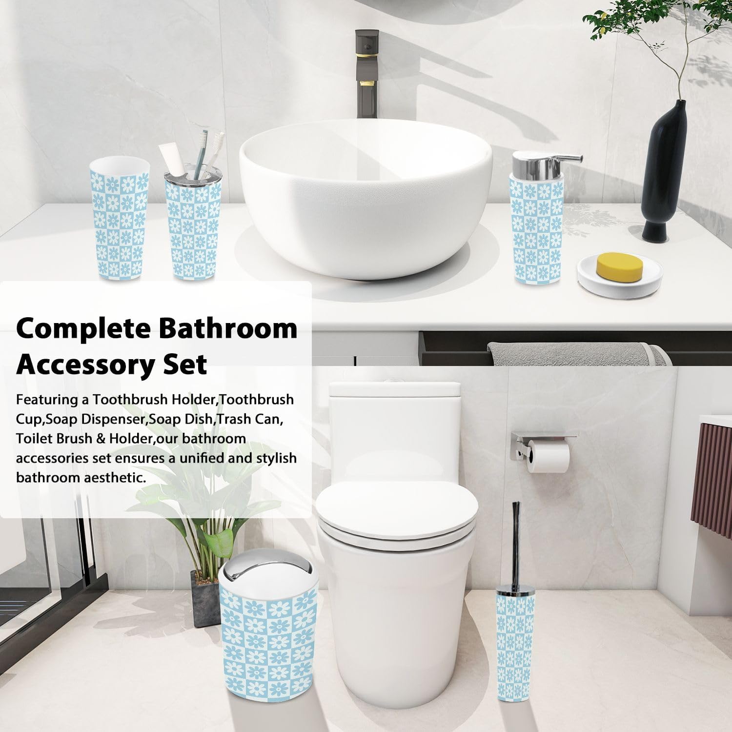 Boho Light Blue Checkered Bathroom Accessory Set 6 Piece 1