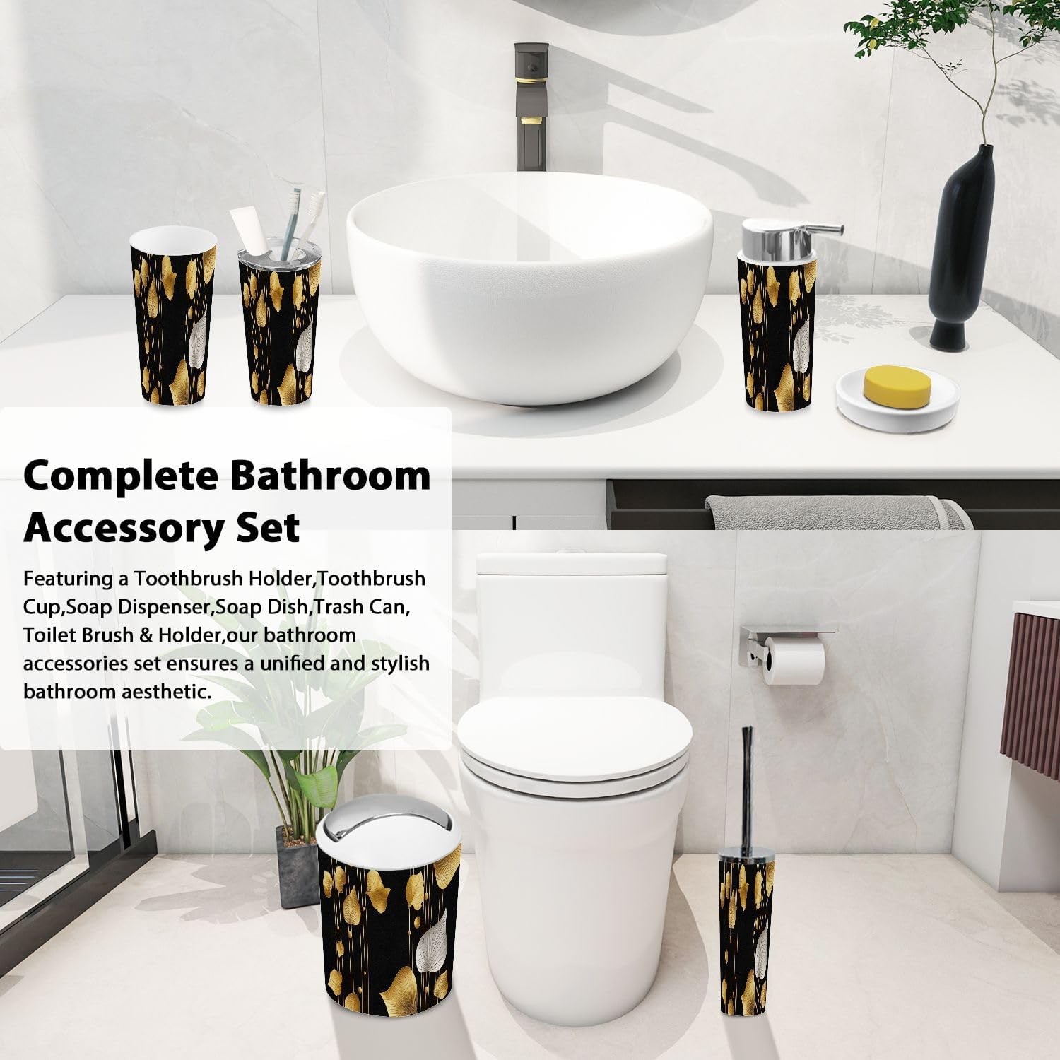 Boho 3D Golden Ginkgo Tree Bathroom Accessories Set 6 Piece