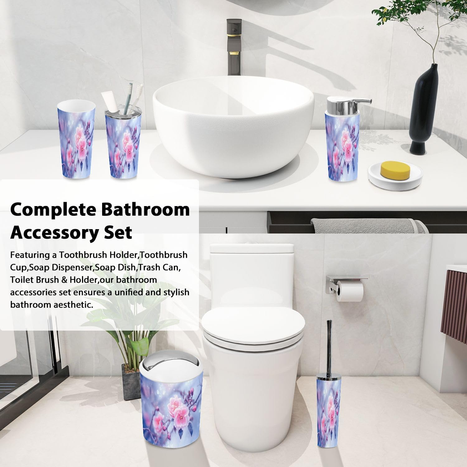 Boho Style 6-Piece Bathroom Accessory Set with Pink Roses