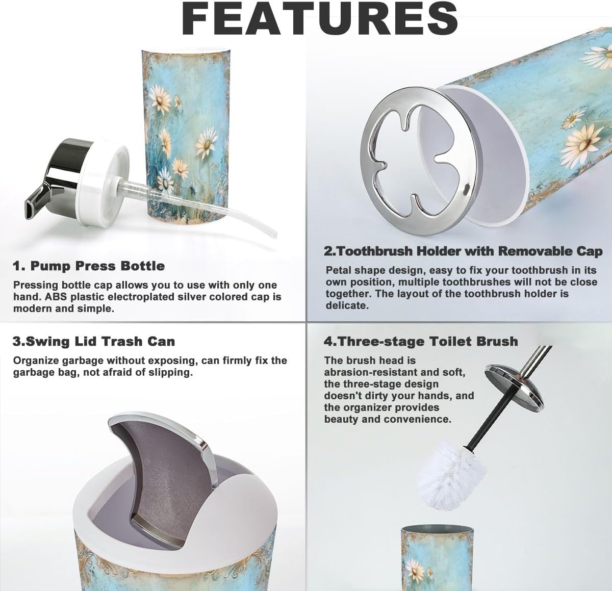 Ornate White Daisies Bathroom Accessory Set 6 Piece 1