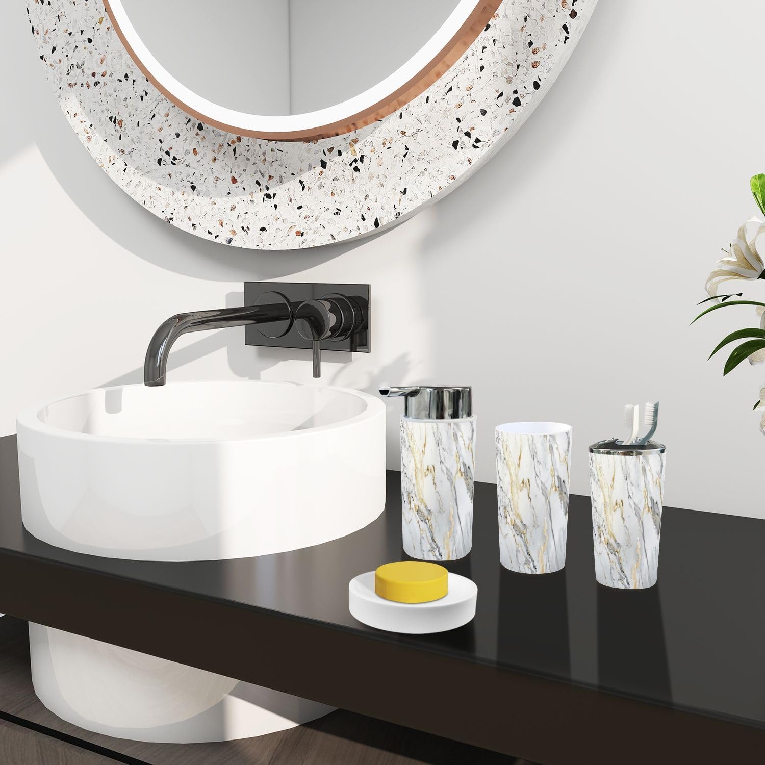 Boho Bathroom Accessory Set 6 Piece Gold White
