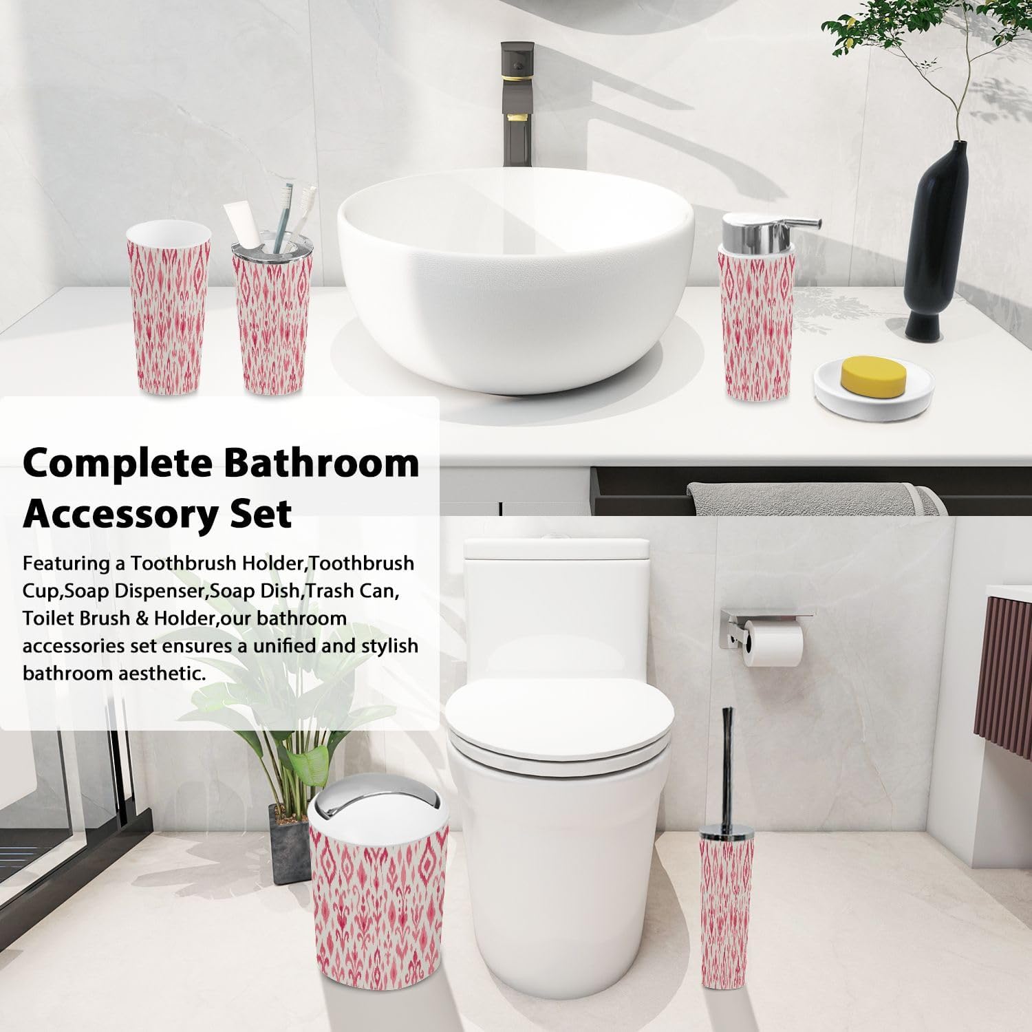 Boho Bathroom Accessory Set 6 Piece Ikat Design