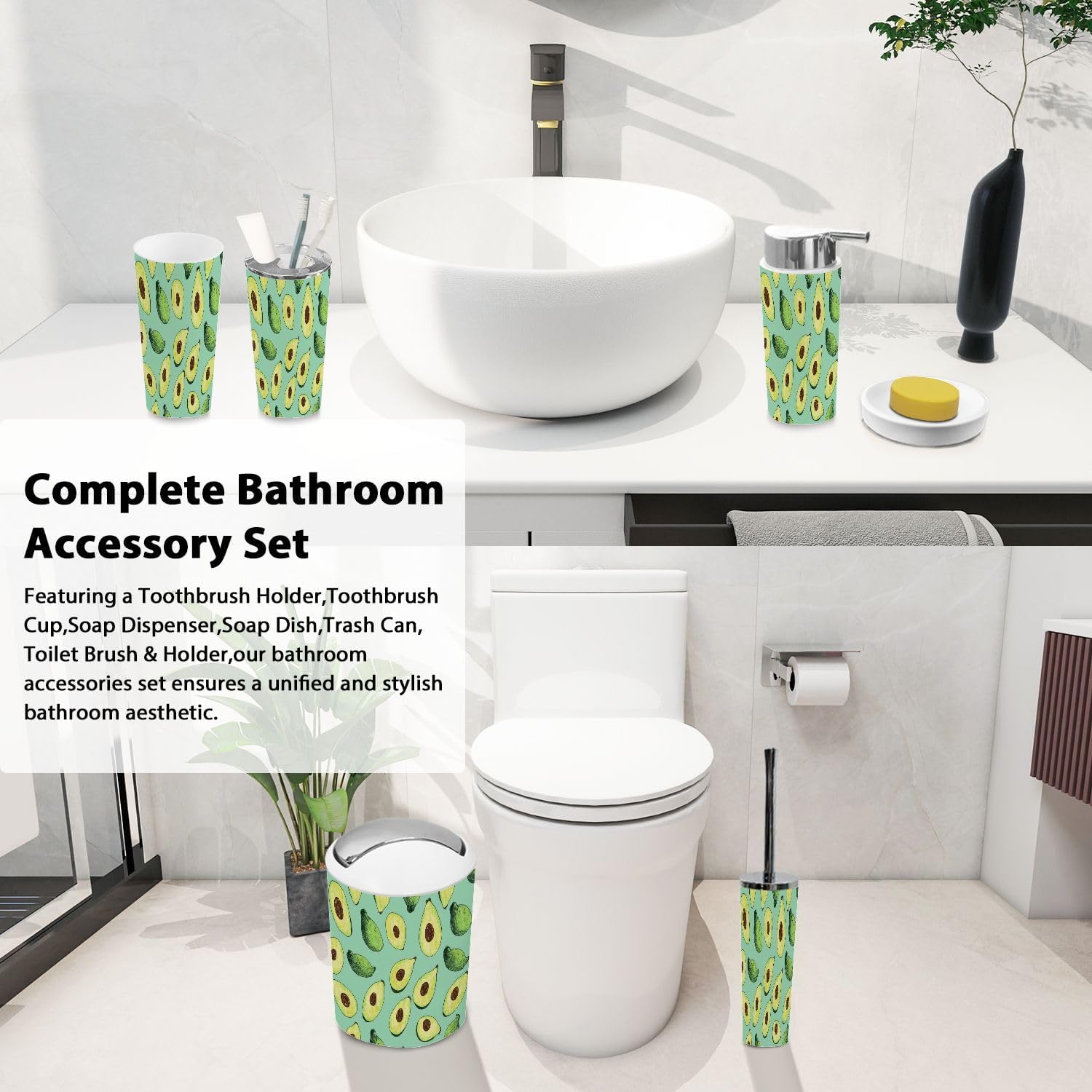 Boho Halved Avocado Trash Can Set 6 Piece Bathroom Accessories