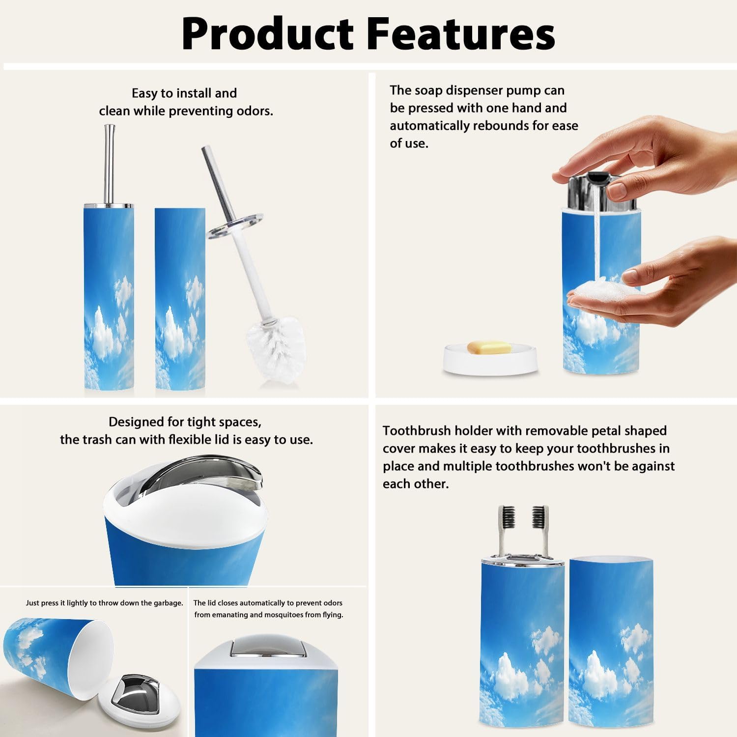 Boho Blue Sky Trash Can and Bathroom Accessories Set