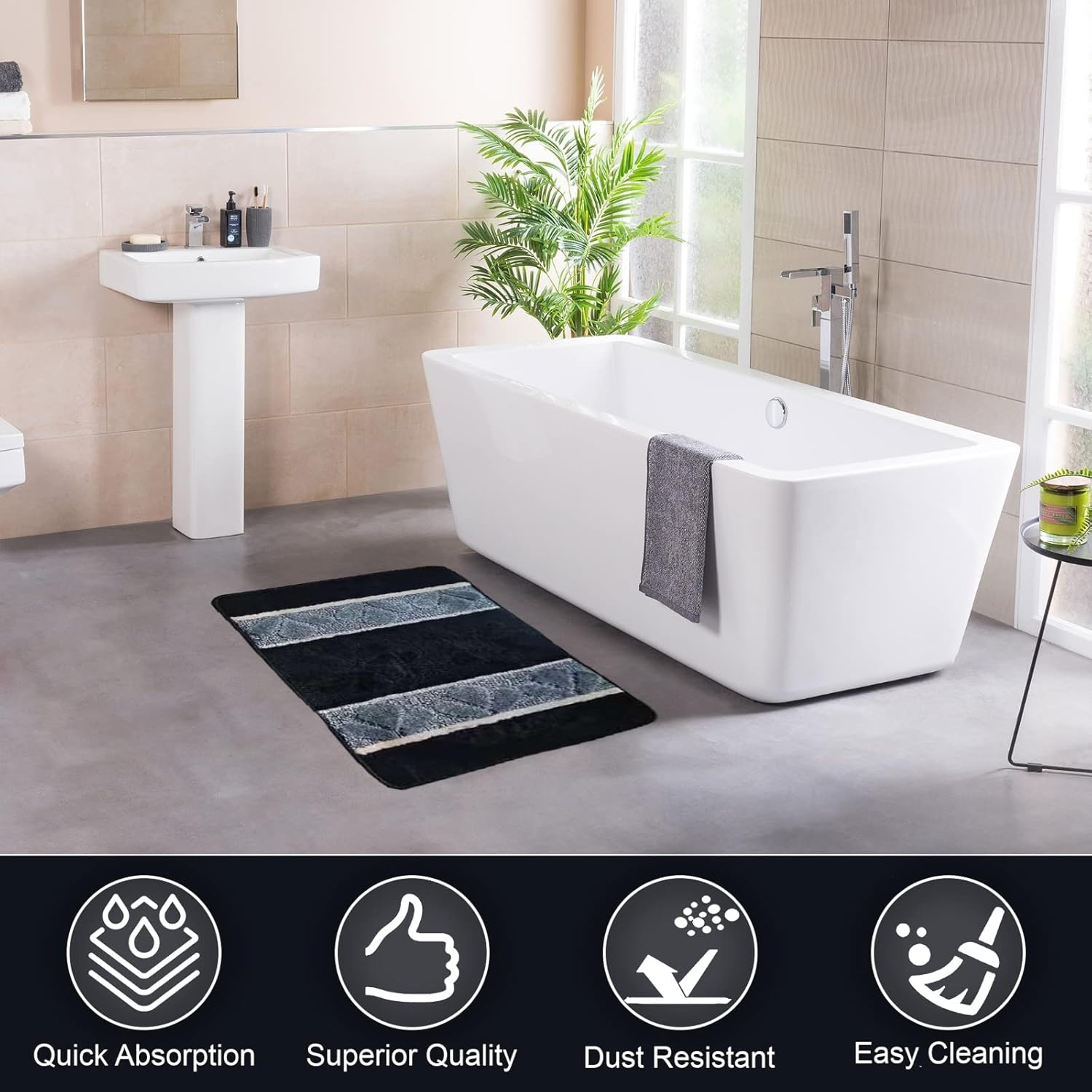 BH Home Linen 3 Pcs Geometric Shaggy Bath Rugs Set