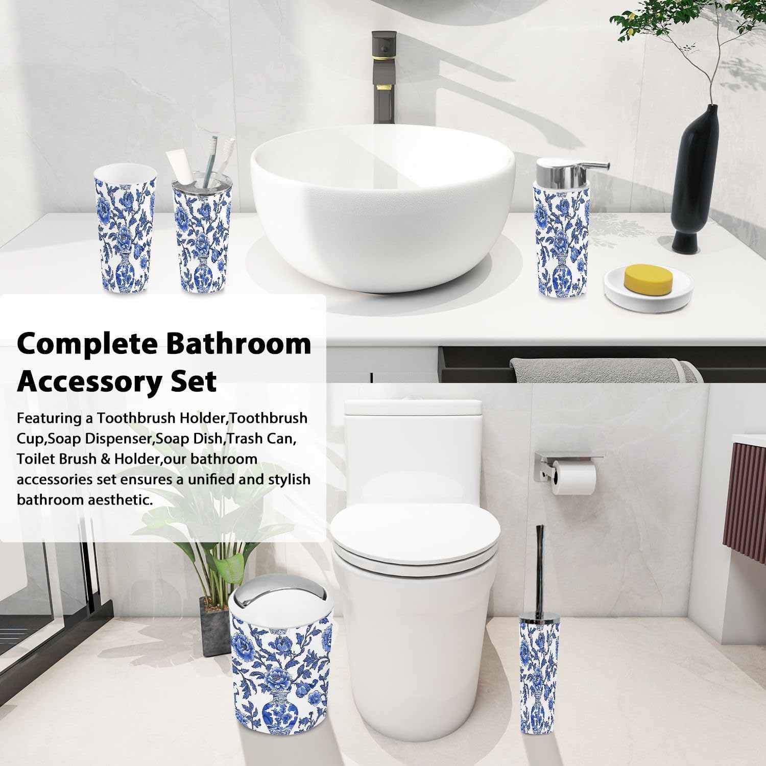 Boho Bathroom Accessory Set 6 Piece Japanese Blue