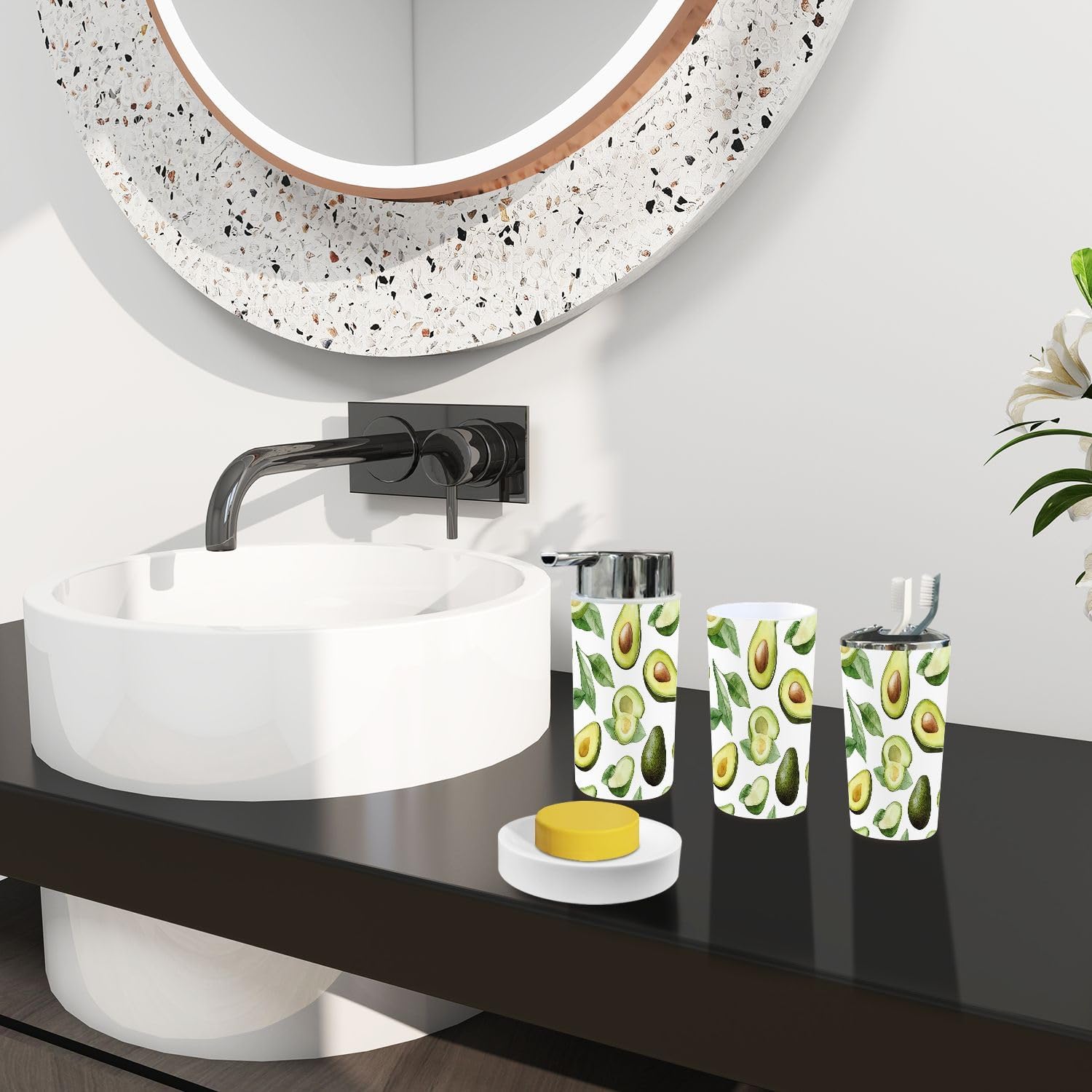 Boho Bathroom Accessory Set 6 Piece Avocado Green
