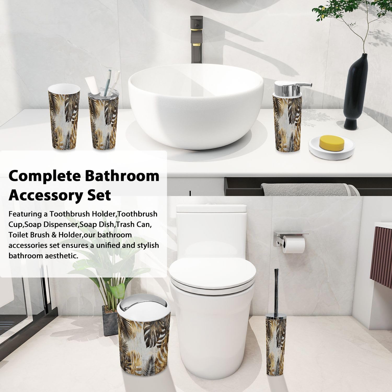 Boho Abstract Tropical Art Bathroom Accessory Set 6 Piece