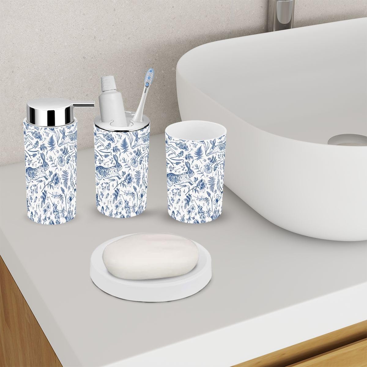 6 Piece Bathroom Accessory Set with Blue Floral Print 1