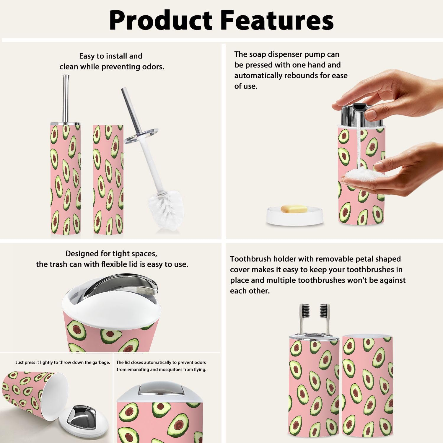 TRANQDEHOM 6-Piece Bathroom Accessory Set with Boho Avocado Pattern