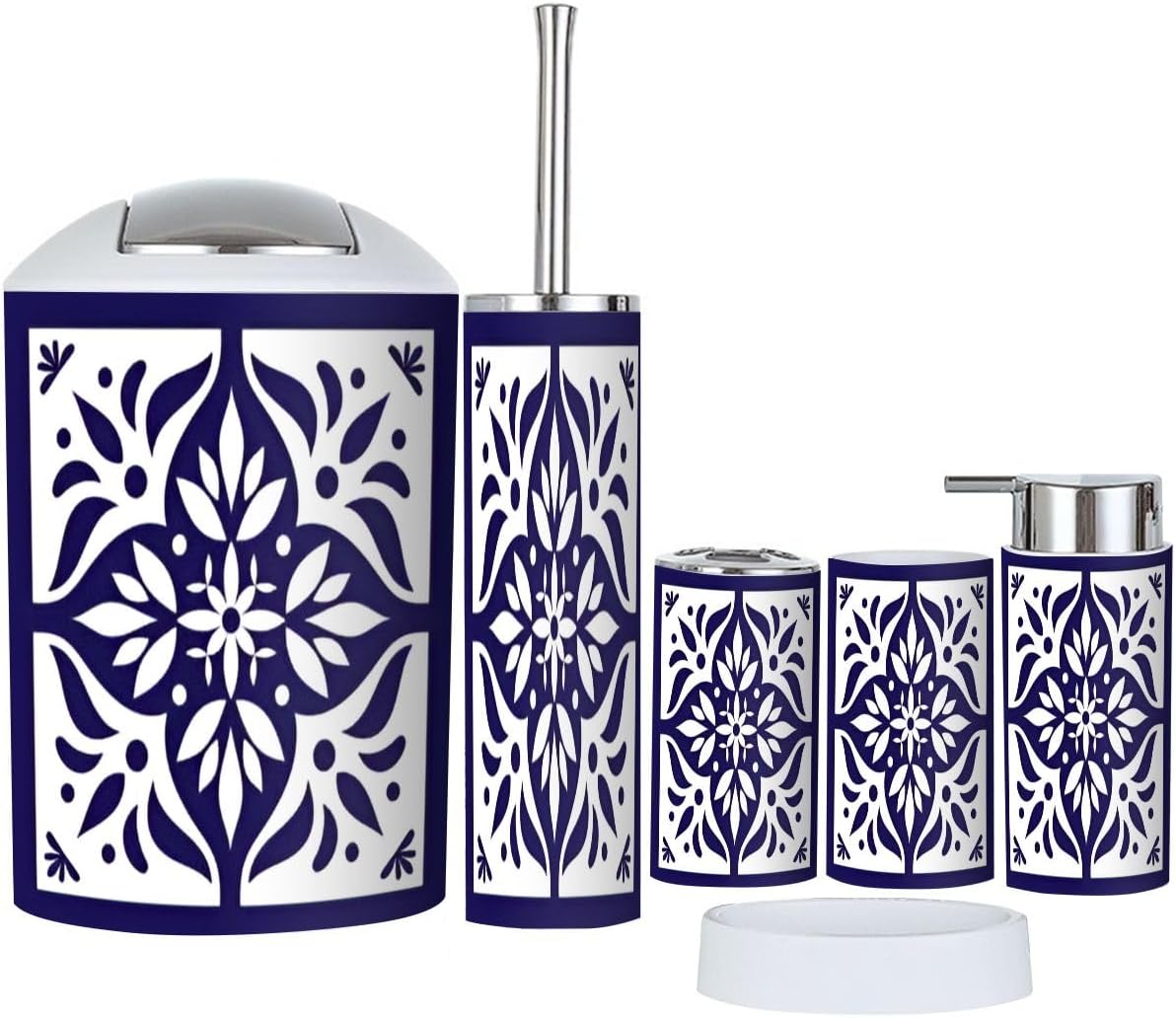 6 Piece Bathroom Accessory Set Blue White Tile Delft Style