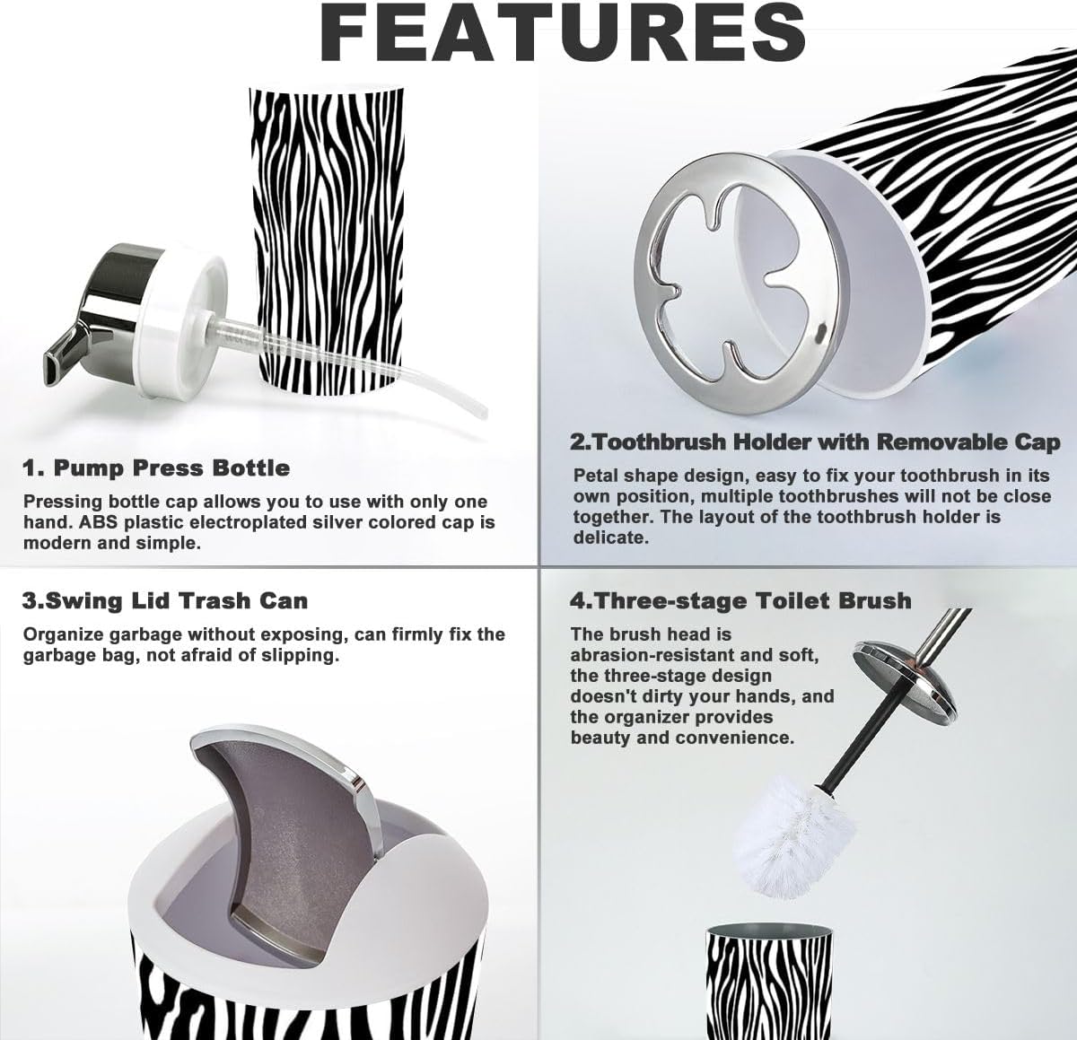 Zebra Print Bathroom Accessories 6 Piece Set