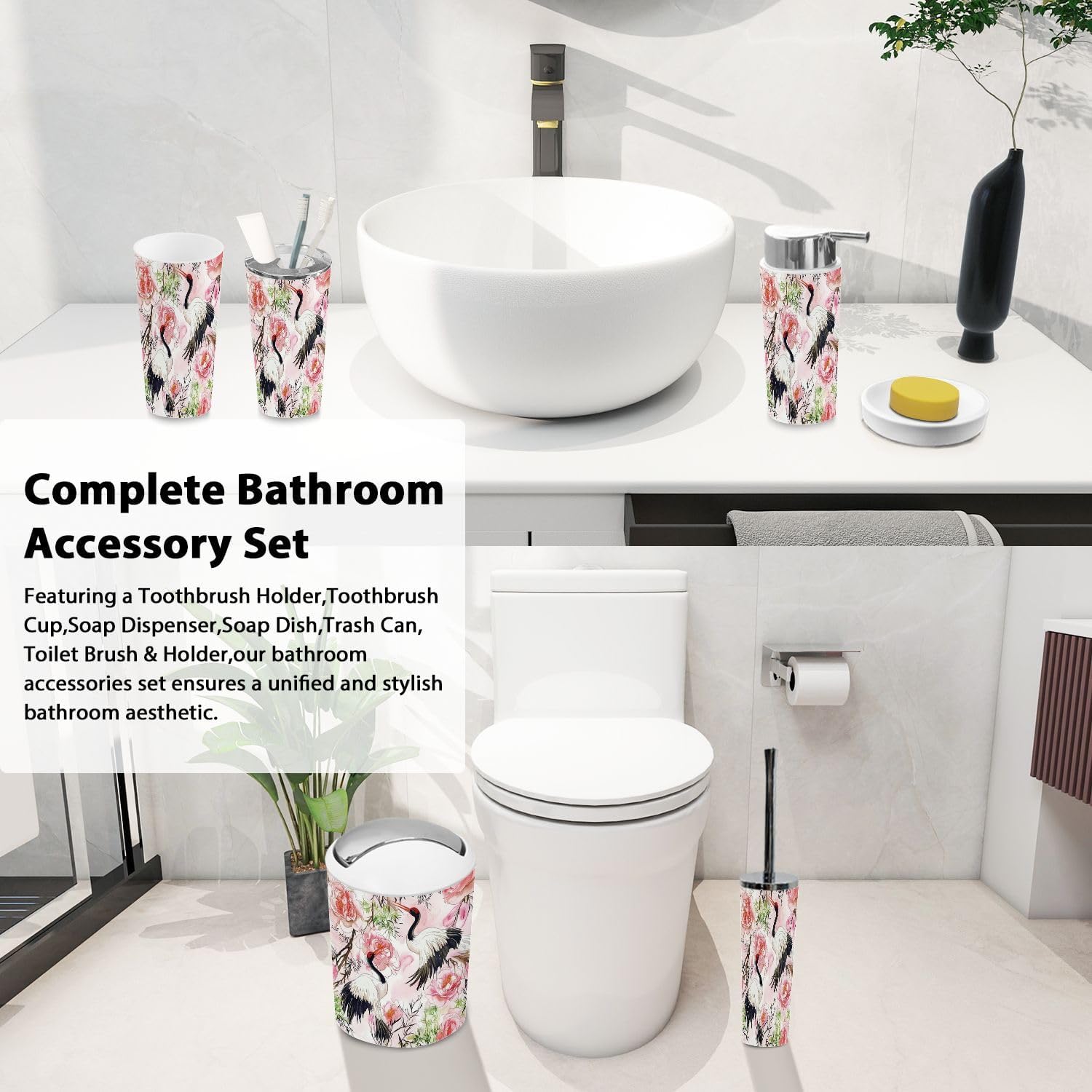 Boho Bathroom Accessory Set 6 Piece Japanese Motif