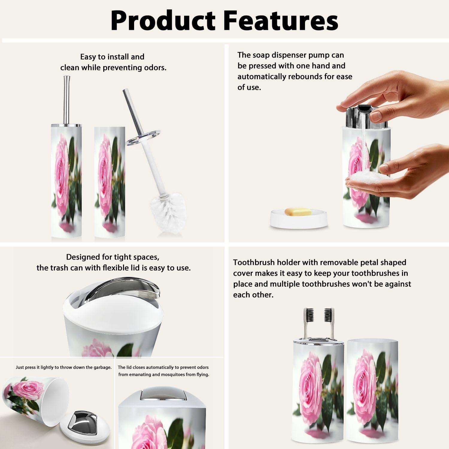 Boho Pink Roses Bathroom Accessory Set 6 Piece