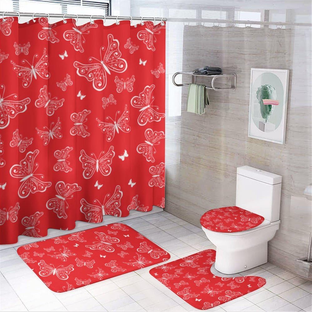 Kuizee 4 Piece Red Butterfly Shower Curtain Set with Non-Slip Rugs