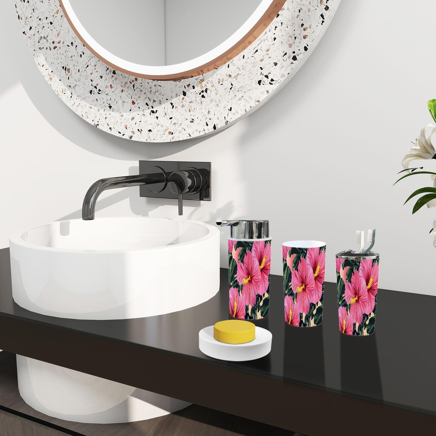 Bathroom Accessory Set 6 Piece Boho Tropical Pattern