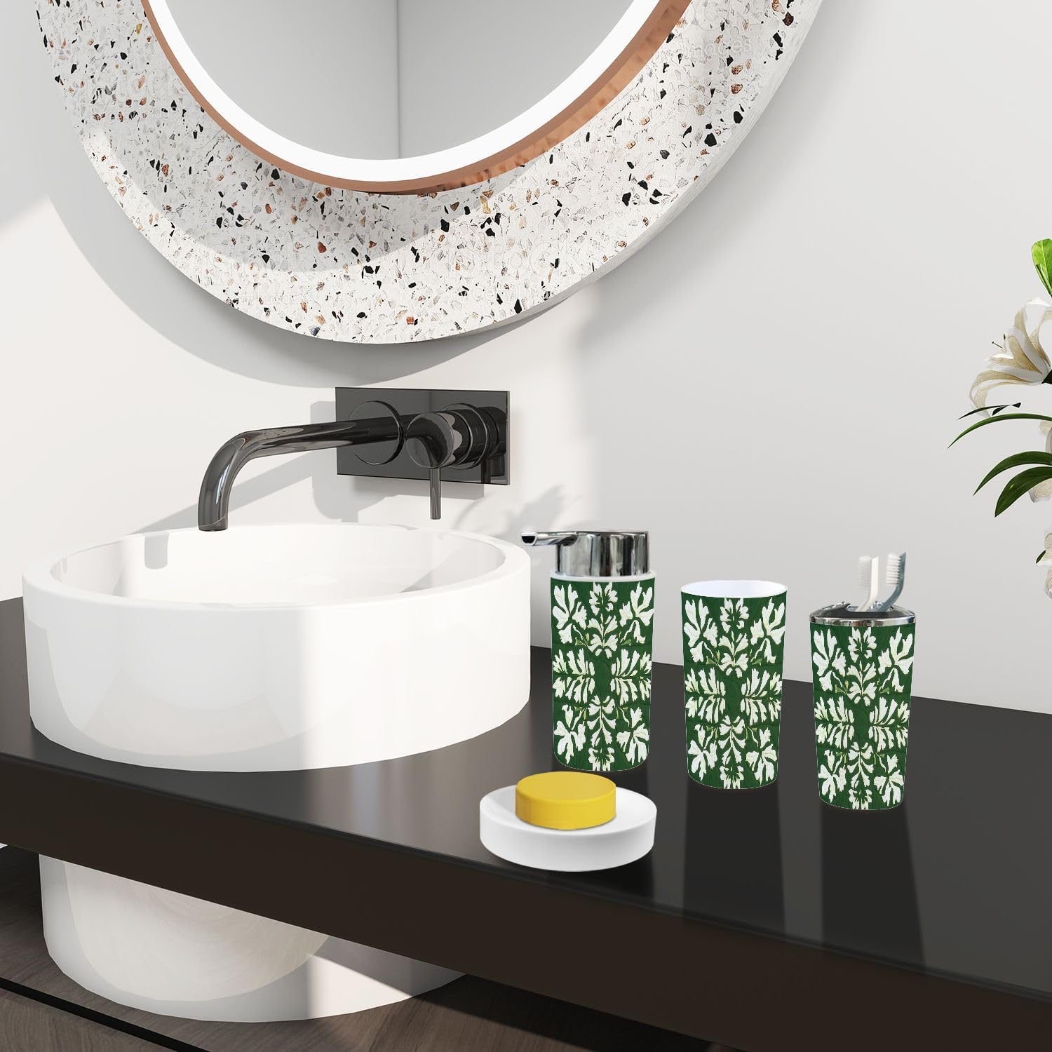 Boho Bathroom Accessory Set 6 Piece Quilt Green