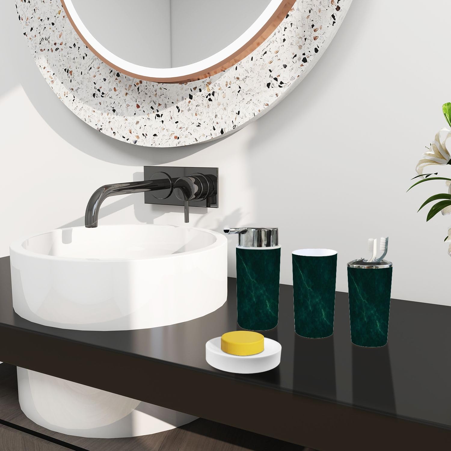Boho Dark Green Marble Texture Bathroom Accessory Set 6 Pieces