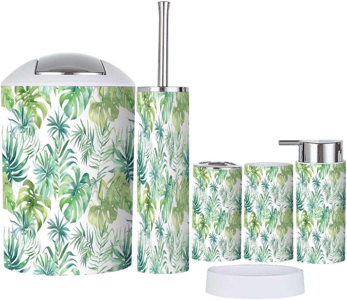 Boho Tropical Leaves Bathroom Accessory Set 6 Piece 1