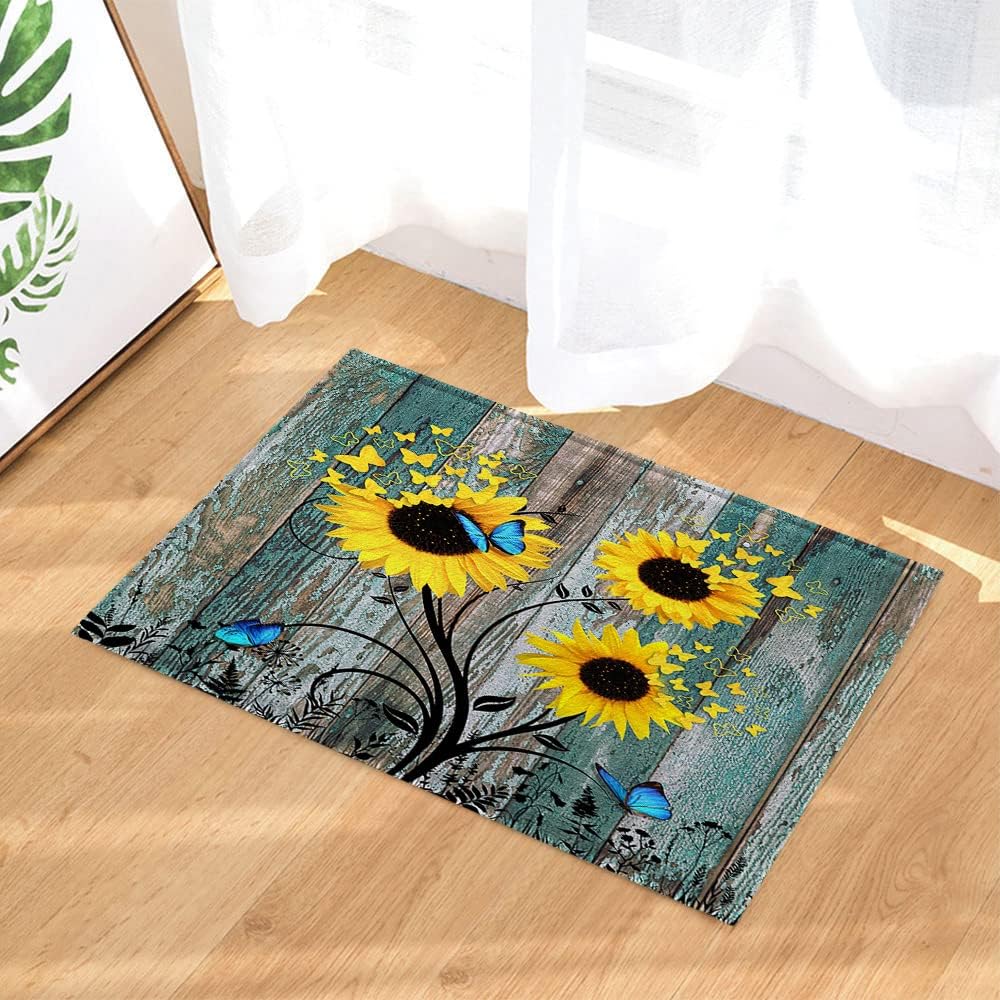 Grtuspr Sunflower Bath Rug with Teal Butterfly