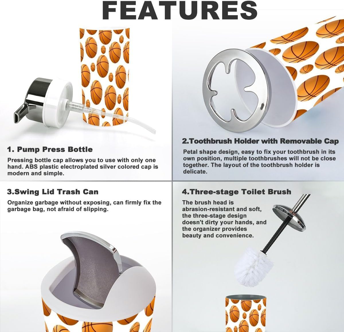 6 Piece Bathroom Accessory Set with Trash Can and Basketball Design