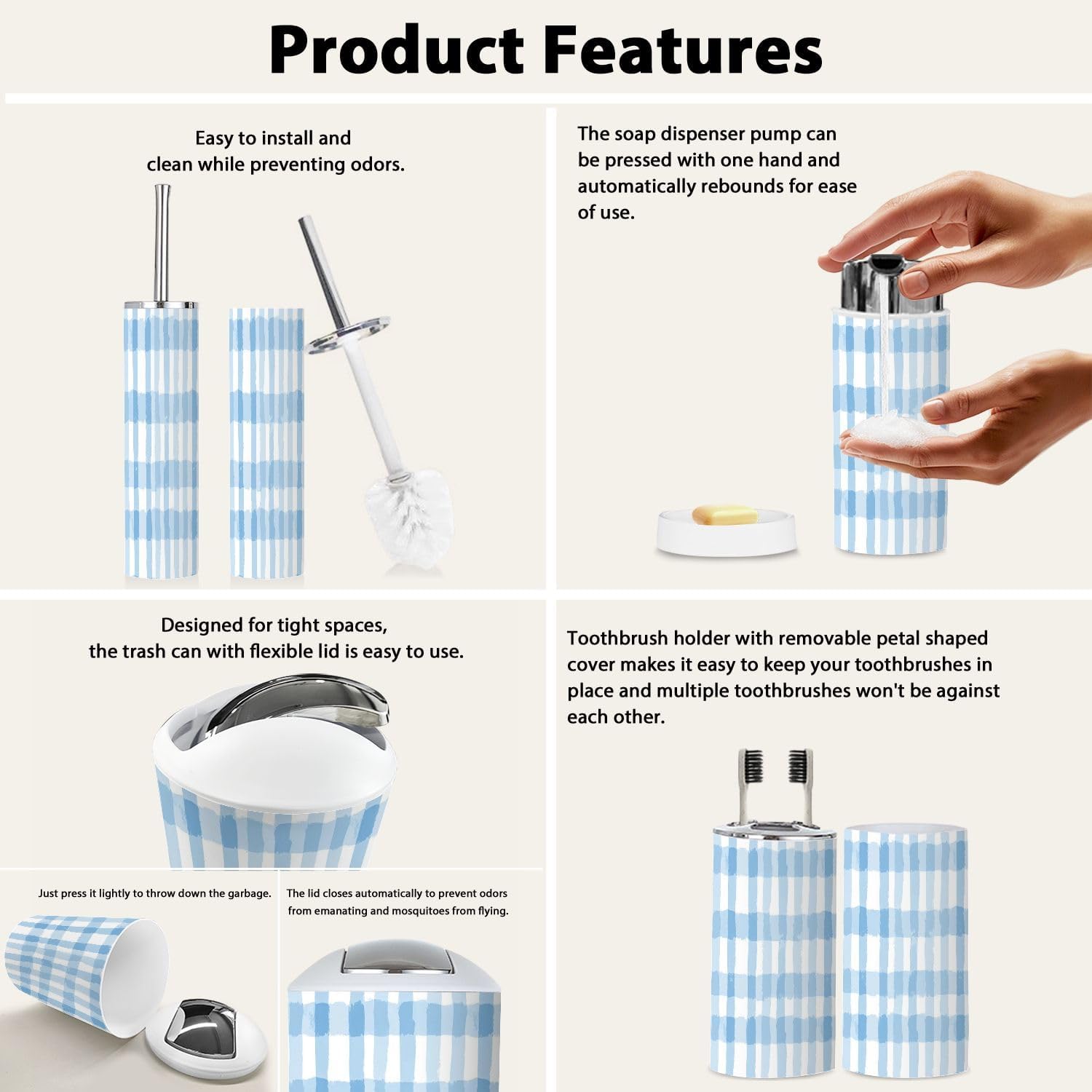 Boho Blue Gingham Bathroom Accessory Set 6 Piece