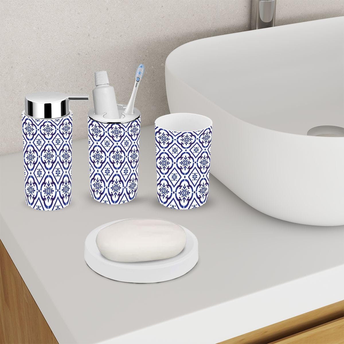 6 Piece Bathroom Accessory Set with Ceramic Tile Pattern