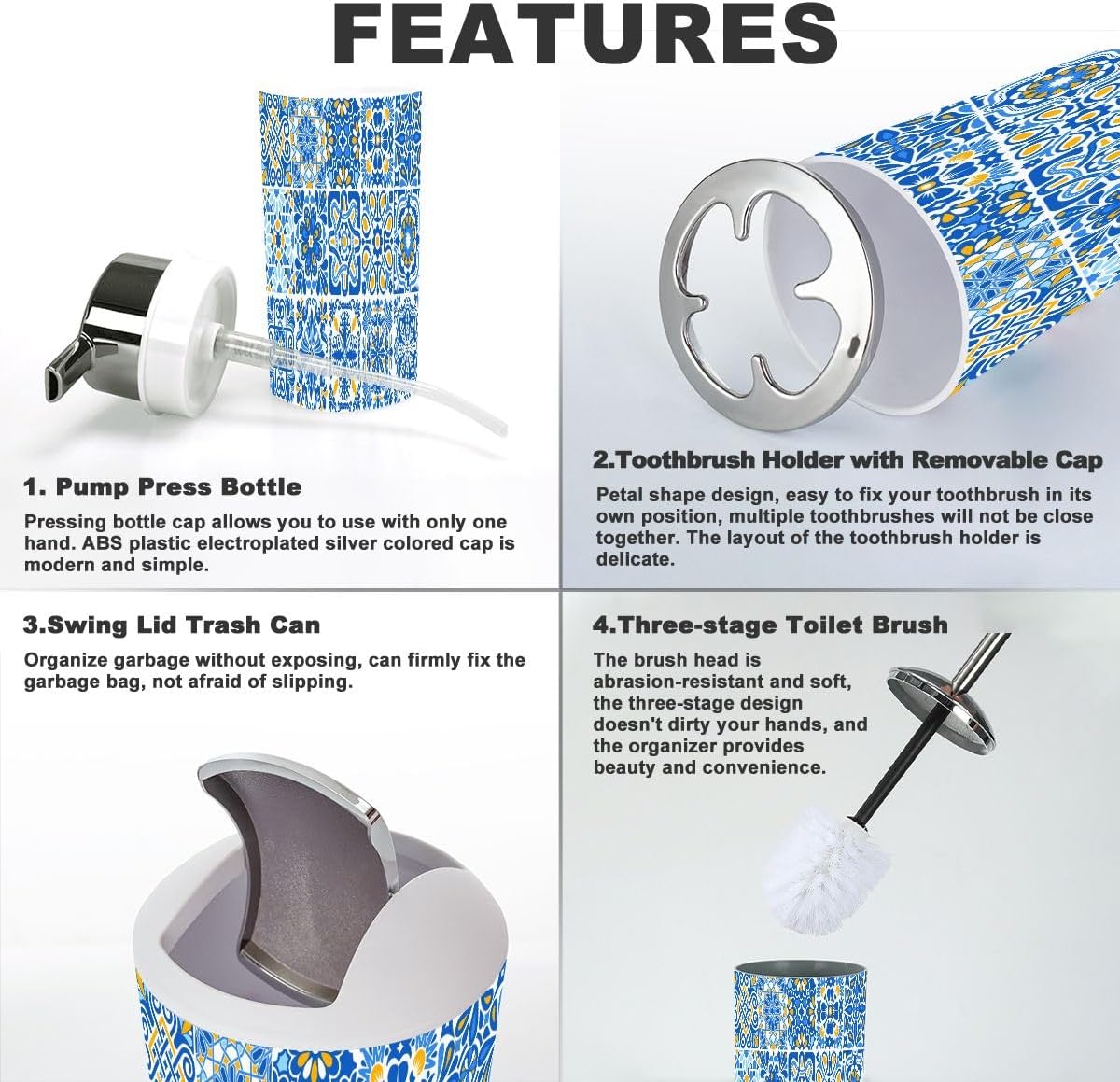 Bathroom Accessory Set 6 Piece with Floral Design
