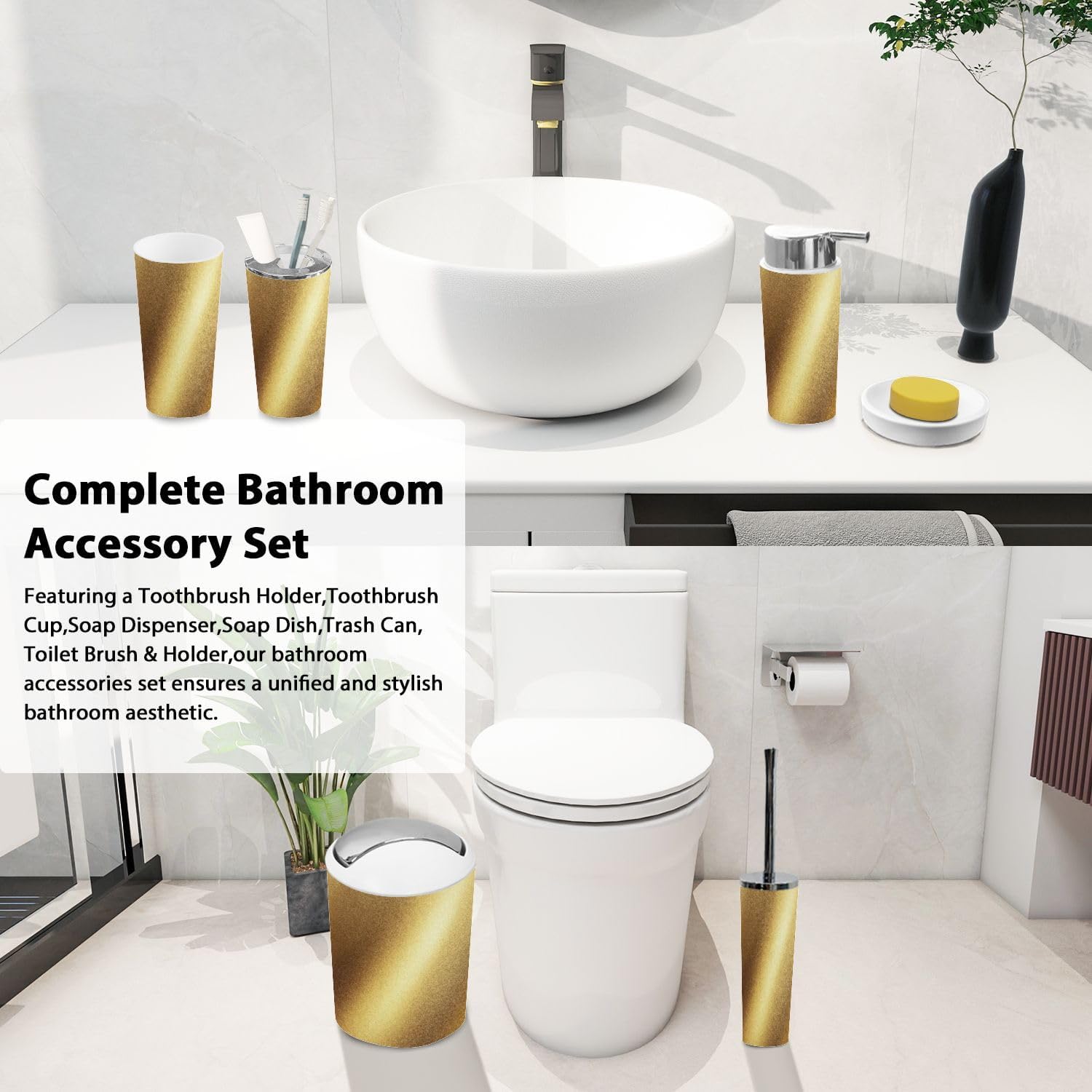 Boho Bathroom Accessory Set 6 Piece in Pale Brown and Yellow