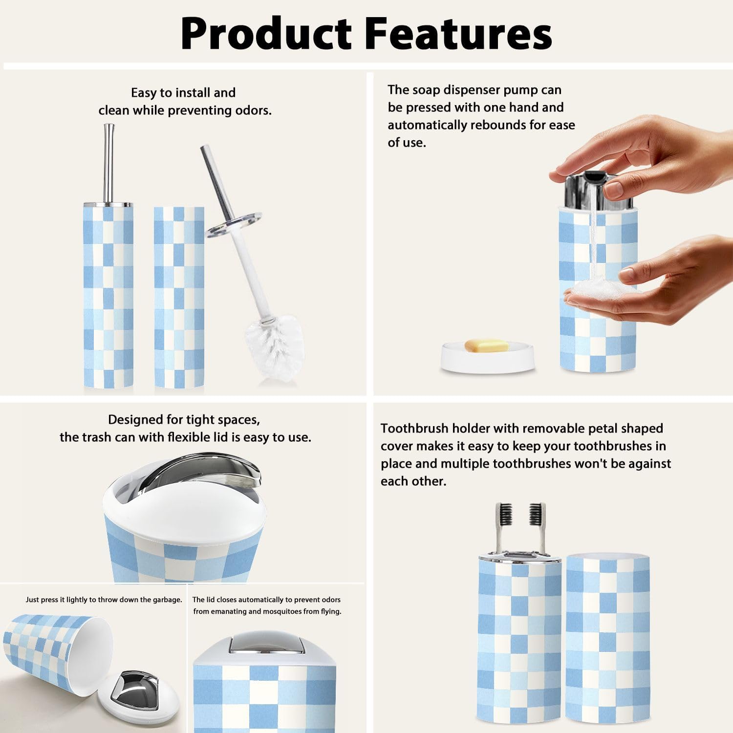 Boho Blue Checkered Bathroom Accessory Set of 6